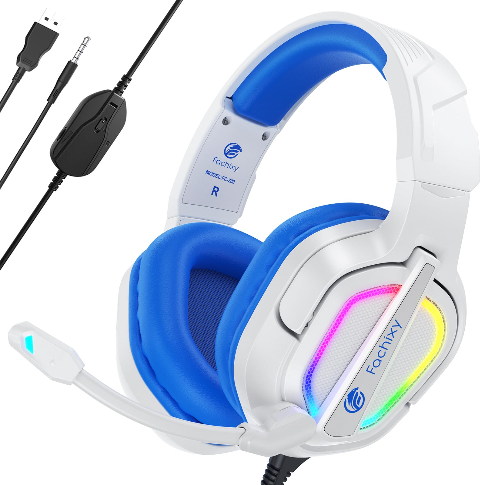 FC200 Gaming Headset with Microphone - Noise Cancelling Over-Ear Headphones for PC, PS4, PS5, Xbox One, Switch & Mac - 3.5mm Jack & RGB Lights - Perfect for Gaming, Streaming & Online Meetings