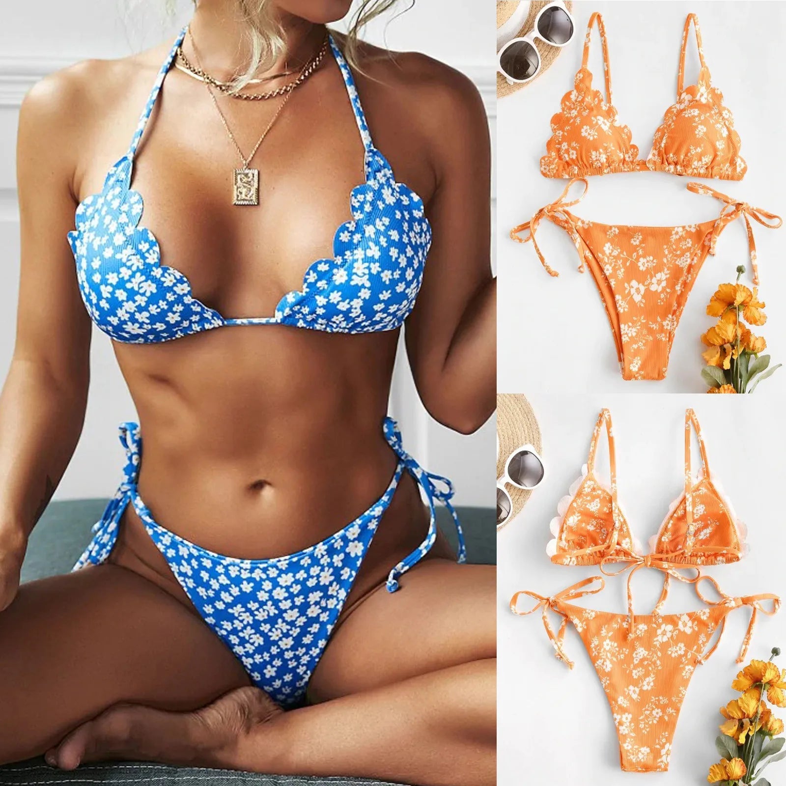 Trendy Y2K Floral Print Women's Bikini Set - Suspender Lace Up Two Piece Swimsuit for Summer Beach Vacation & Pool Party | Hawaiian Style Bathing Suit