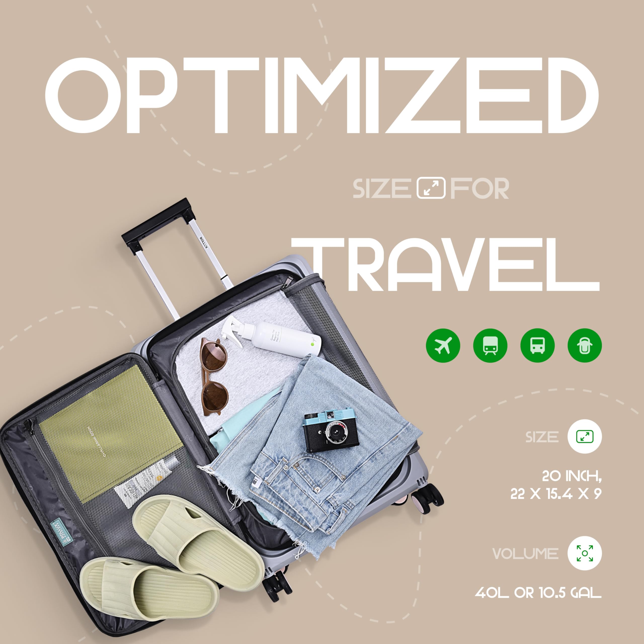 Rollux 20 Inch Collapsible Carry On Luggage with Wheels - Waterproof & Durable Hard Shell Suitcase, TSA Approved Lock, Silent 360° Spinner Wheels for Smooth Rolling - Perfect for Air Travel & Weekend Getaways (Khaki)