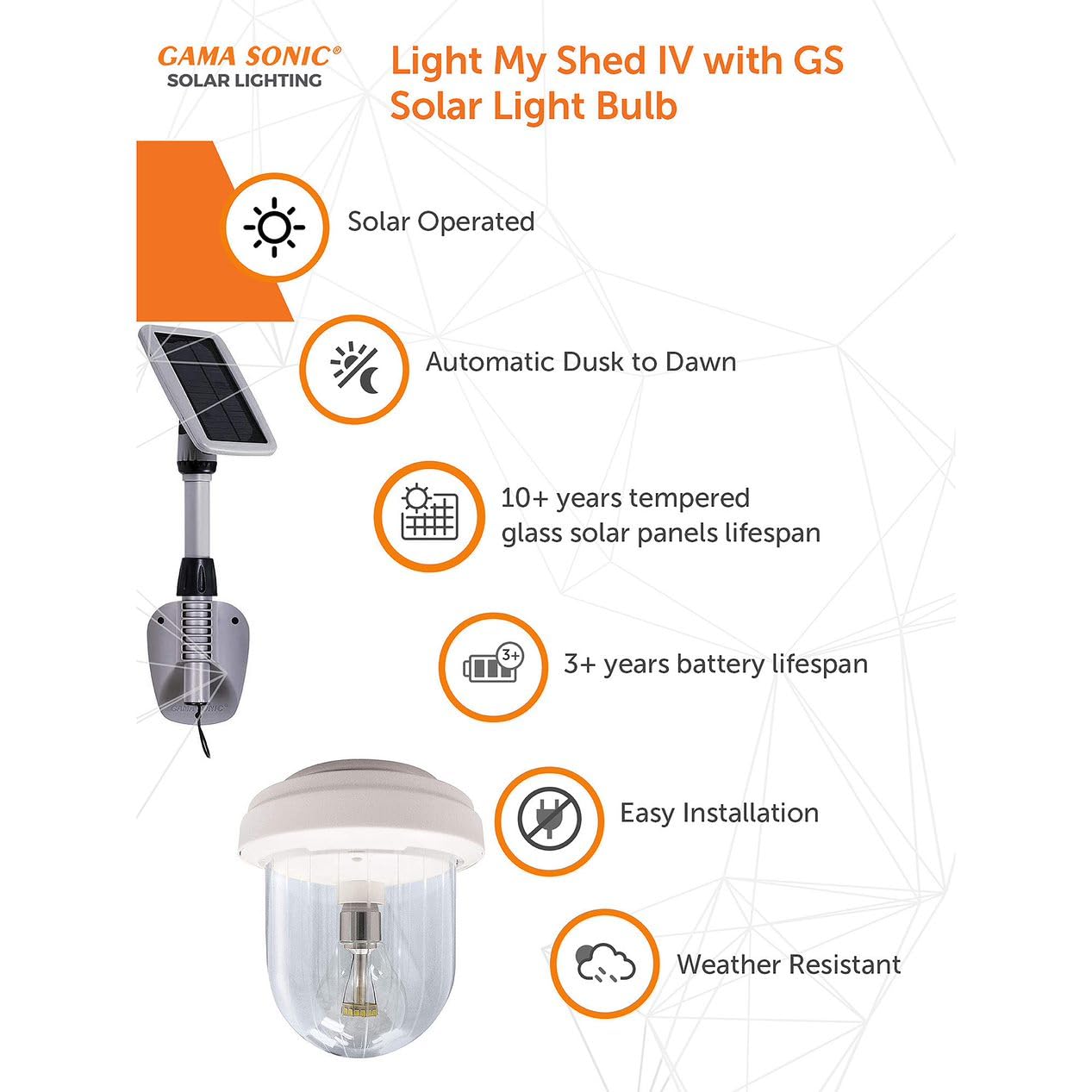 Gama Sonic Light My Shed IV Solar Shed Light - 2 Pack White LED Solar Powered Lights for Interior, Wall or Ceiling Mount - Perfect for Sheds, Garages, Barns & Outdoor Storage Spaces (GS-16B2)
