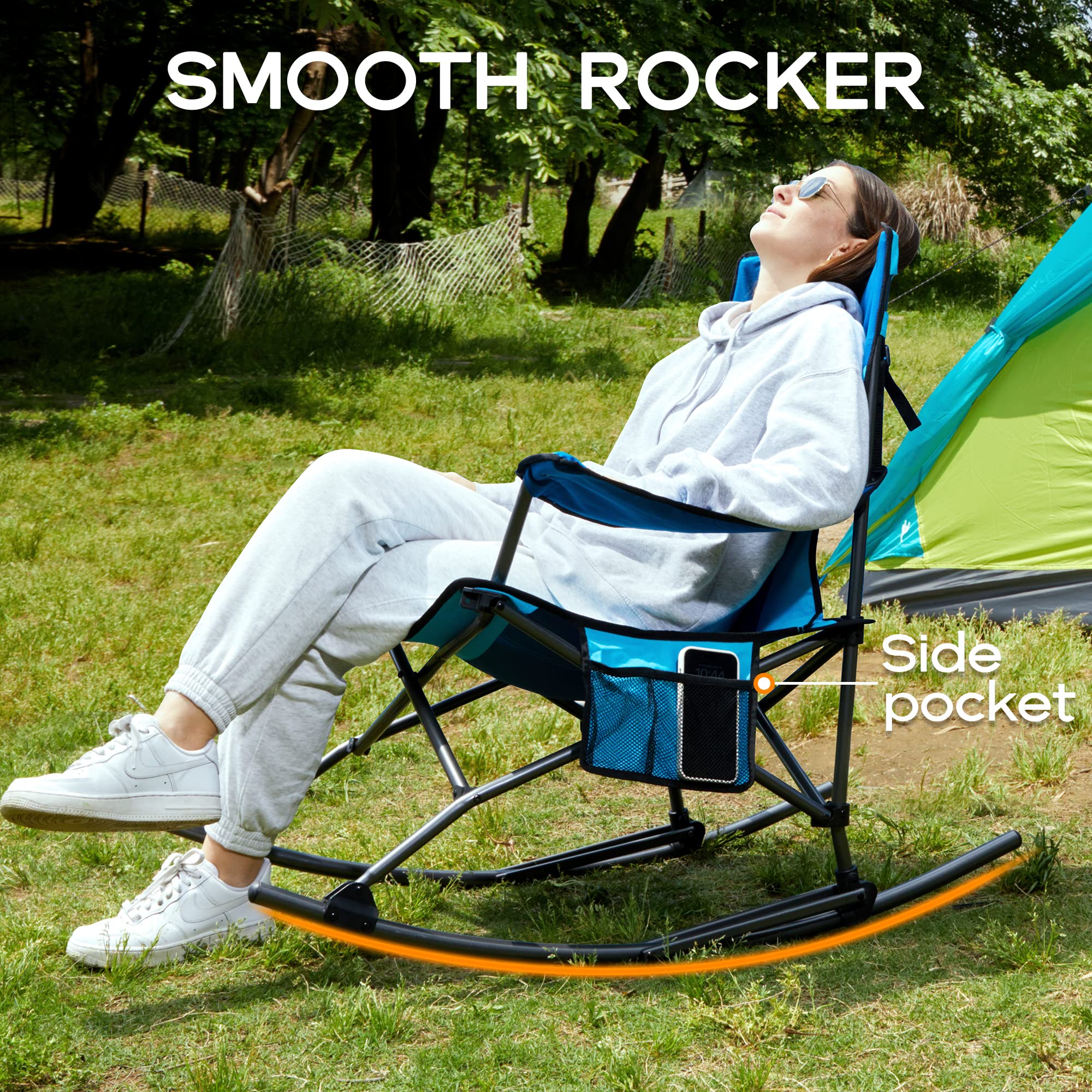 Best Folding Camping Rocking Chair - Portable Outdoor Rocker with High Back, Cup Holder & Side Pocket - Includes Carry Bag - Supports 300 lbs - Perfect for Camping, Hiking, Beach & Backyard Relaxation