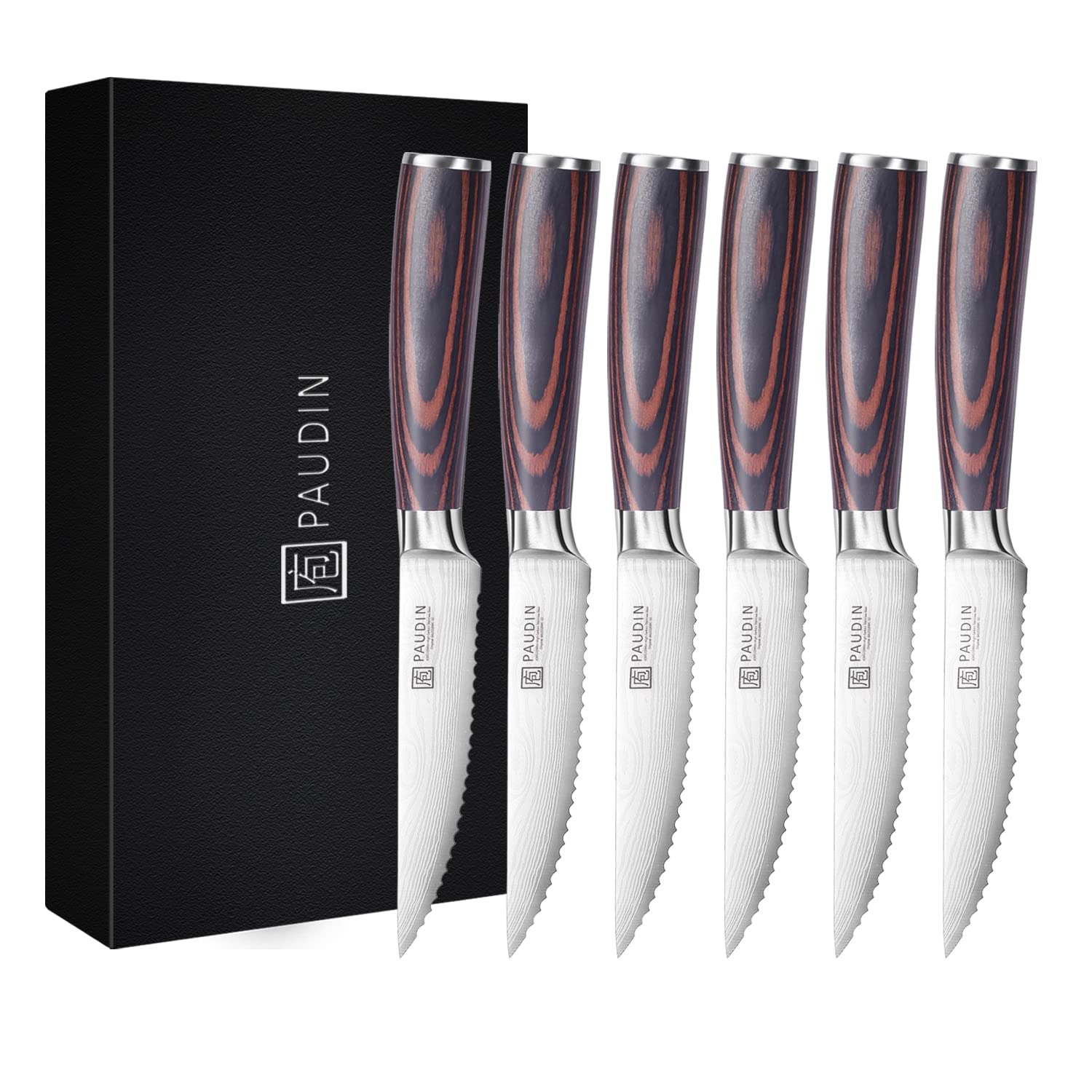 PAUDIN 6-Piece Steak Knives Set - 4.5 Inch High Carbon Stainless Steel Serrated Blades with Pakkawood Handle - Premium Kitchen Knives for Steak, Meat & BBQ - Includes Gift Box for Gifting & Dinner Parties