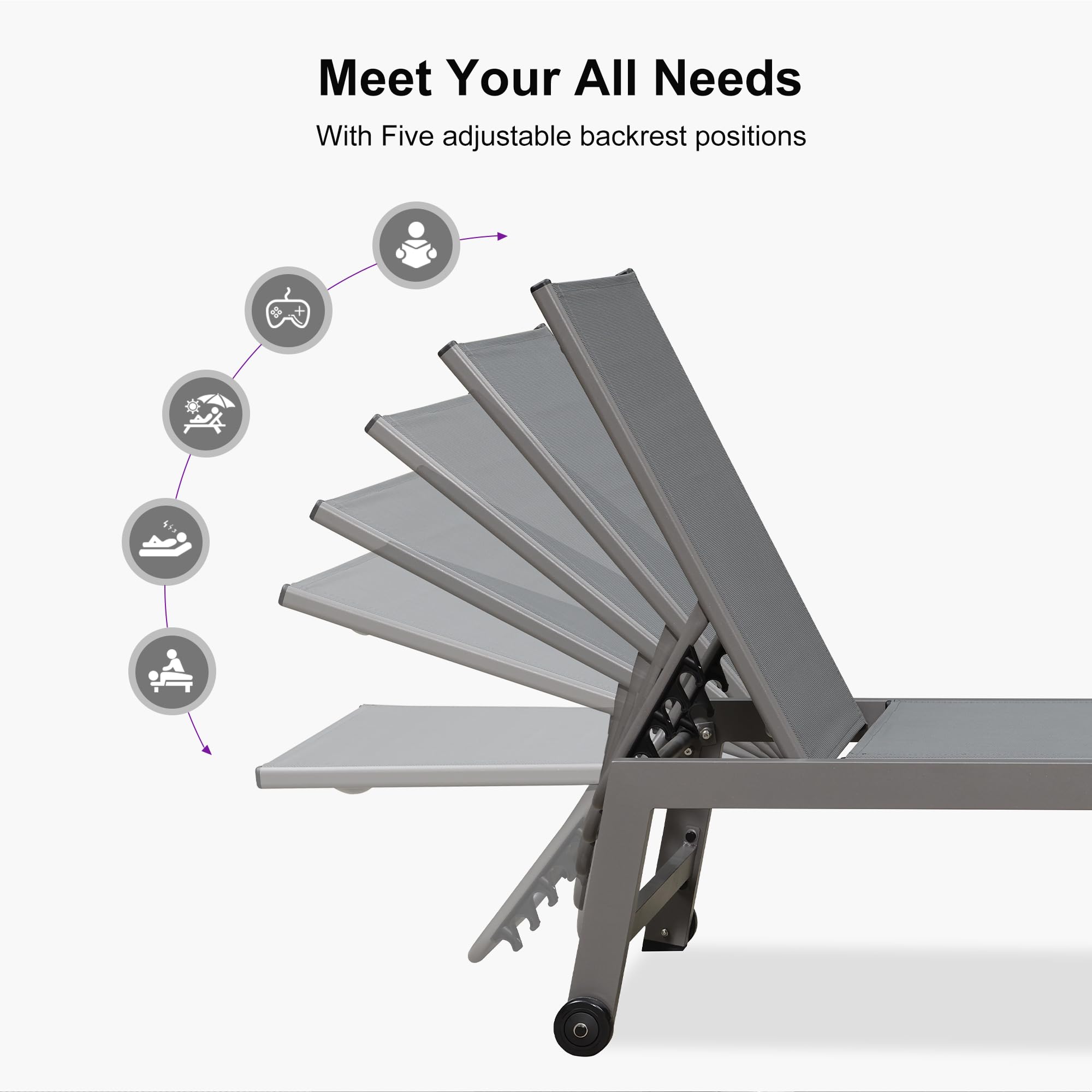 Premium 2-Piece Outdoor Lounge Chair Set with Adjustable Backrest & Wheels - Aluminum Patio Chaise Loungers for Poolside, Beach & Backyard Relaxation (Grey) - Includes Side Table for Ultimate Comfort