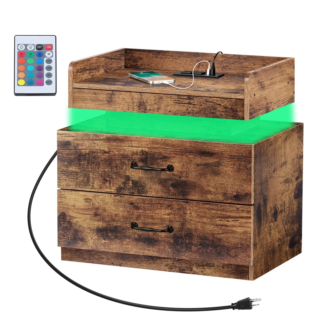 Melos Nightstand with Charging Station & LED Lights - Rustic Brown End Table with 2 Drawers & Open Storage for Bedroom - Perfect for Bedside Organization & Phone Charging