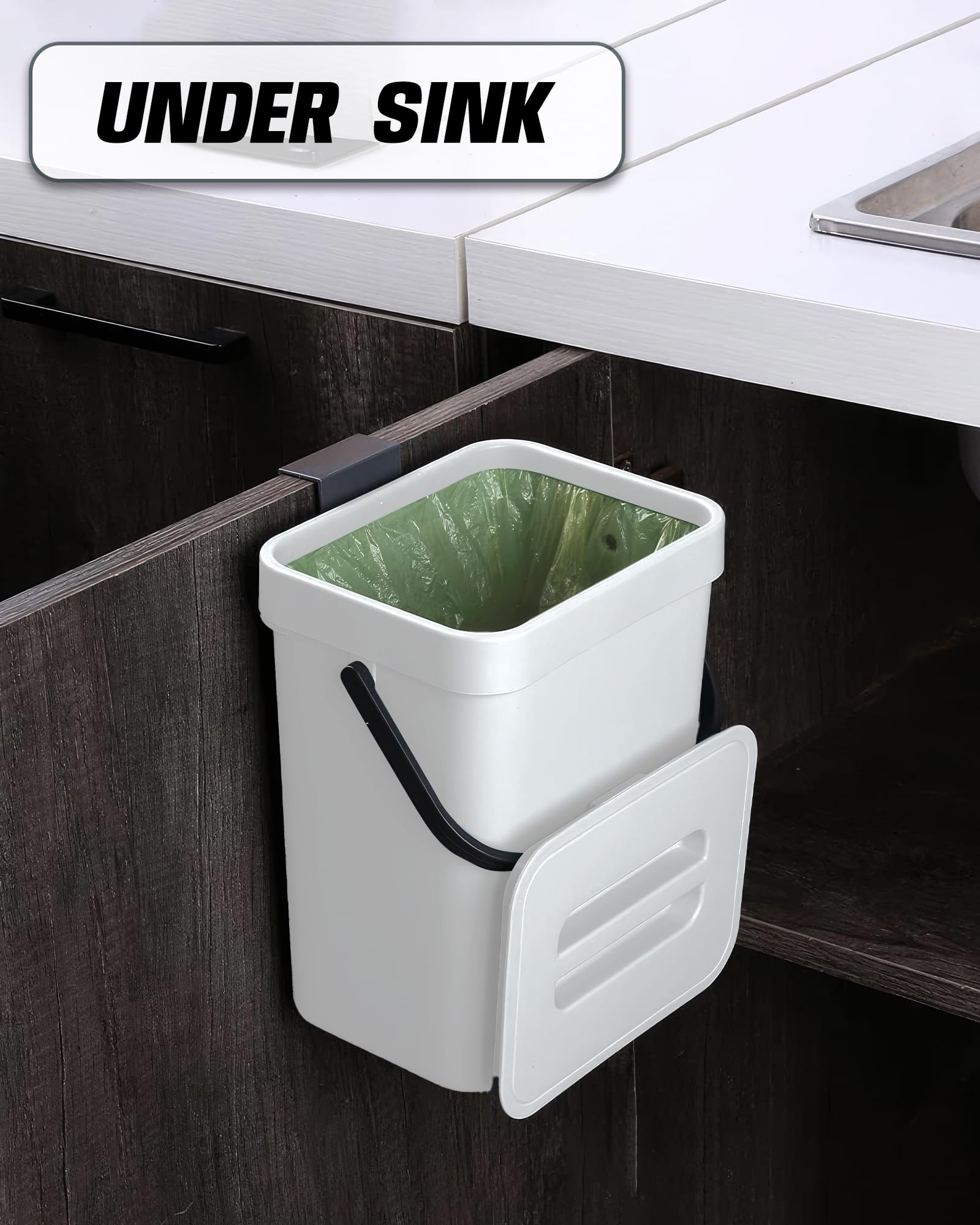 Eco-Friendly Indoor Compost Bin - 1.3 Gallon (5L) Hanging Small Trash Can with Lid for Kitchen & Bathroom, Under Sink Waste Basket, Countertop Compost Bucket - Perfect for Organic Waste Recycling, Food Scraps Collection & Sustainable Living (White)
