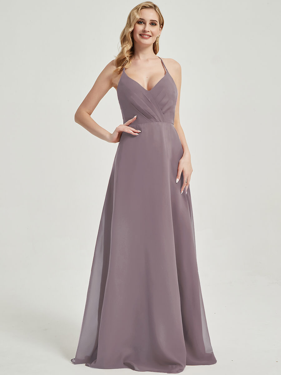 Elegant Dusk Pleated Halter V-Neck Backless A-Line Chiffon Bridesmaid Dress for Wedding Party & Formal Events
