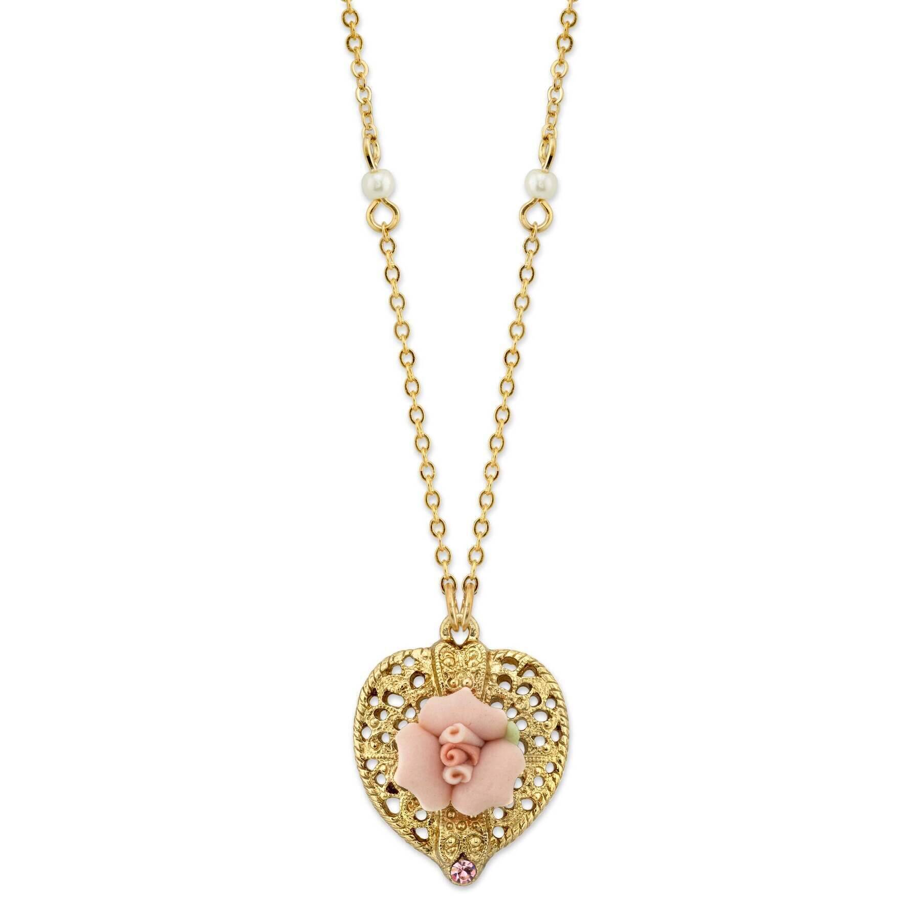 1928 Vintage Bridal Pink Crystal Heart & Porcelain Rose Filigree Pendant Necklace - 16
