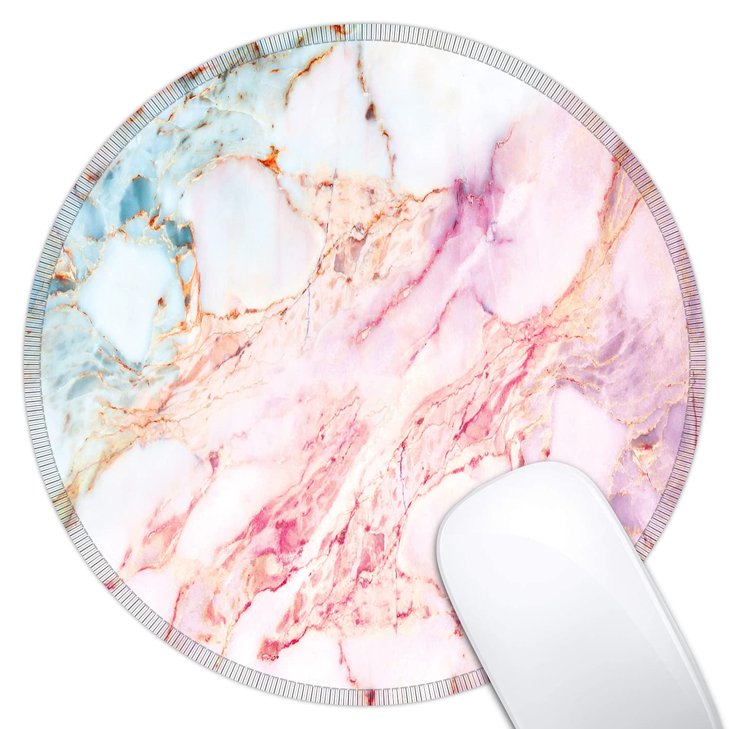 Pink Marble Non-Slip Mouse Pad with Stitched Edge - Round Desk Mat for Computer, Laptop & Office Use | Perfect for Gaming, Work & Home Office Setup