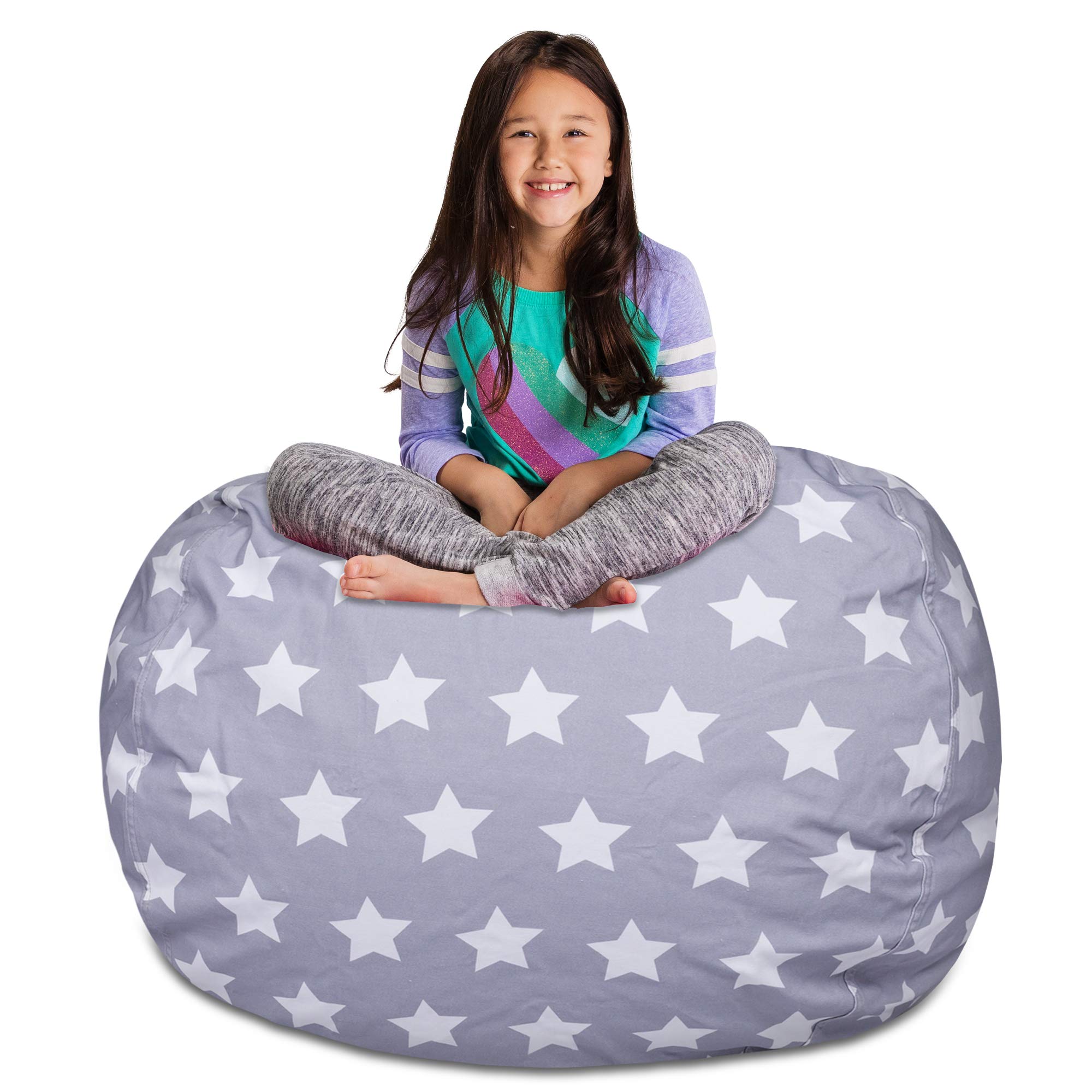 Posh Creations Kids Stuffed Animal Storage Bean Bag Chair Cover - XL 48in Toy Organizer for Children's Room, Gray with White Stars Canvas - Perfect for Playroom, Bedroom & Nursery Organization
