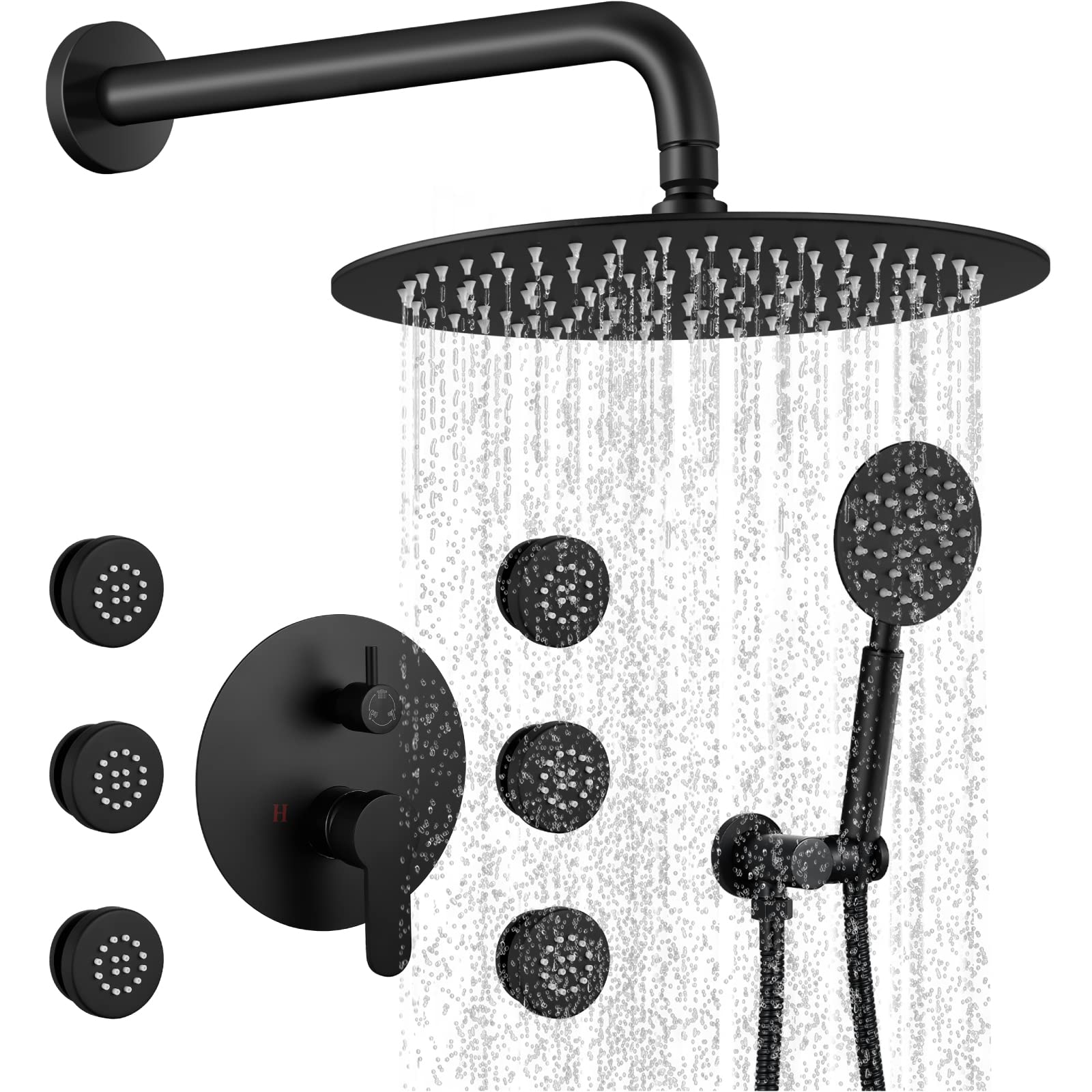 Gotonovo Matte Black Wall Mounted Rain Mixer Shower System - 12 Inch Round Rainfall Shower Head with 6 Body Spray Jets - Luxury Shower Combo Complete Set for Modern Bathroom Remodel & Spa Experience
