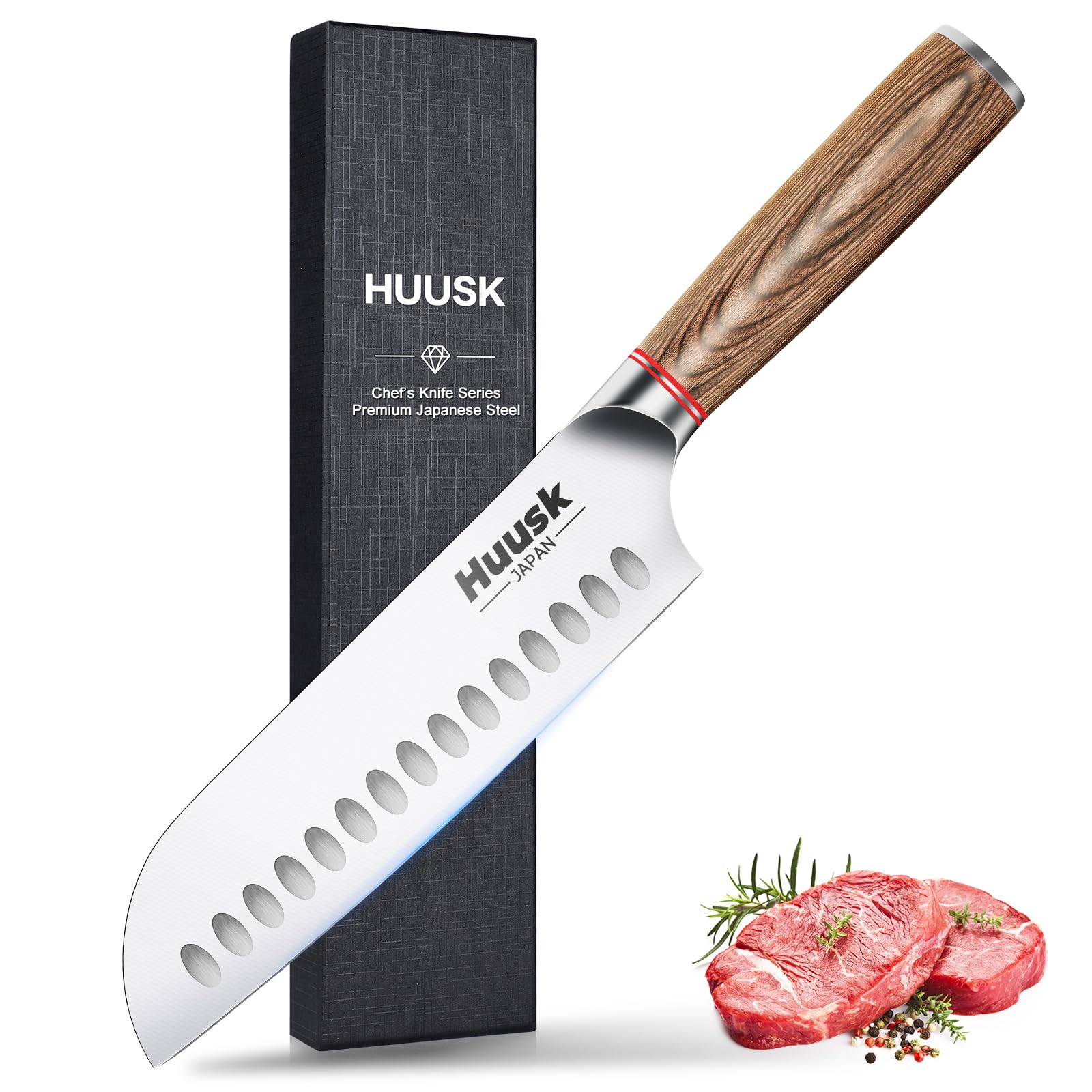 Huusk Japanese 7 Inch Santoku Knife - Ultra Sharp High Carbon Steel Blade, Professional Ergonomic Handle - Perfect for Home Kitchen, Slicing & Dicing - Ideal Gift for Men & Women (Father's Day, Christmas)