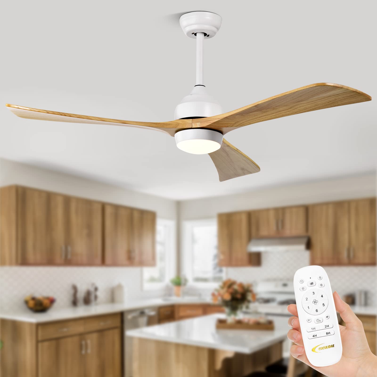 52 Inch Wood Ceiling Fan with LED Light & Remote Control - Energy Efficient 6-Speed Silent Fan for Bedroom, Living Room & Small Spaces