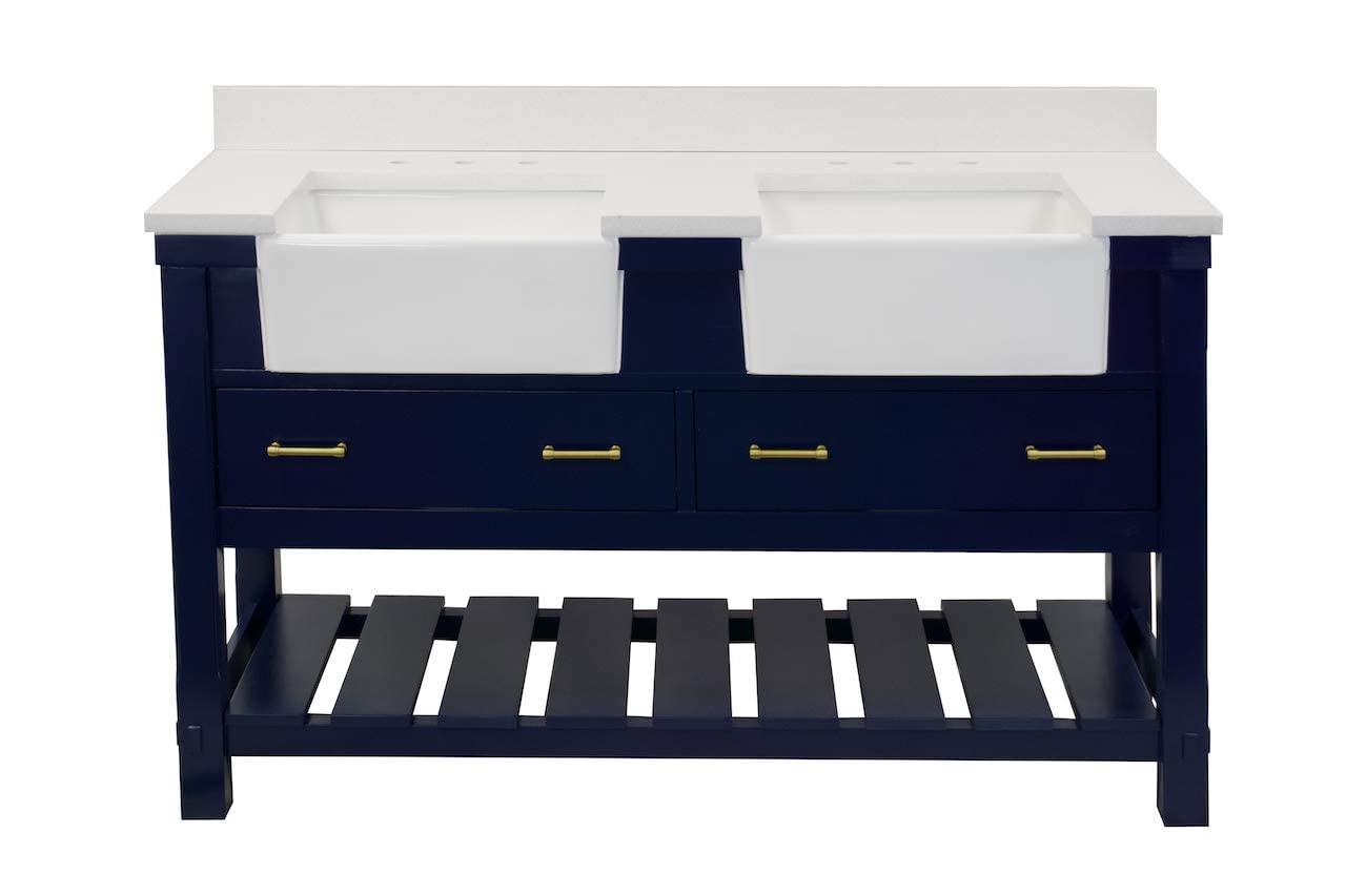 Charlotte 60-inch Double Bathroom Vanity with Quartz Countertop & Royal Blue Cabinet - Farmhouse Apron Sink Included | Modern Bathroom Storage Solution for Master Bath, Guest Bath & Powder Room