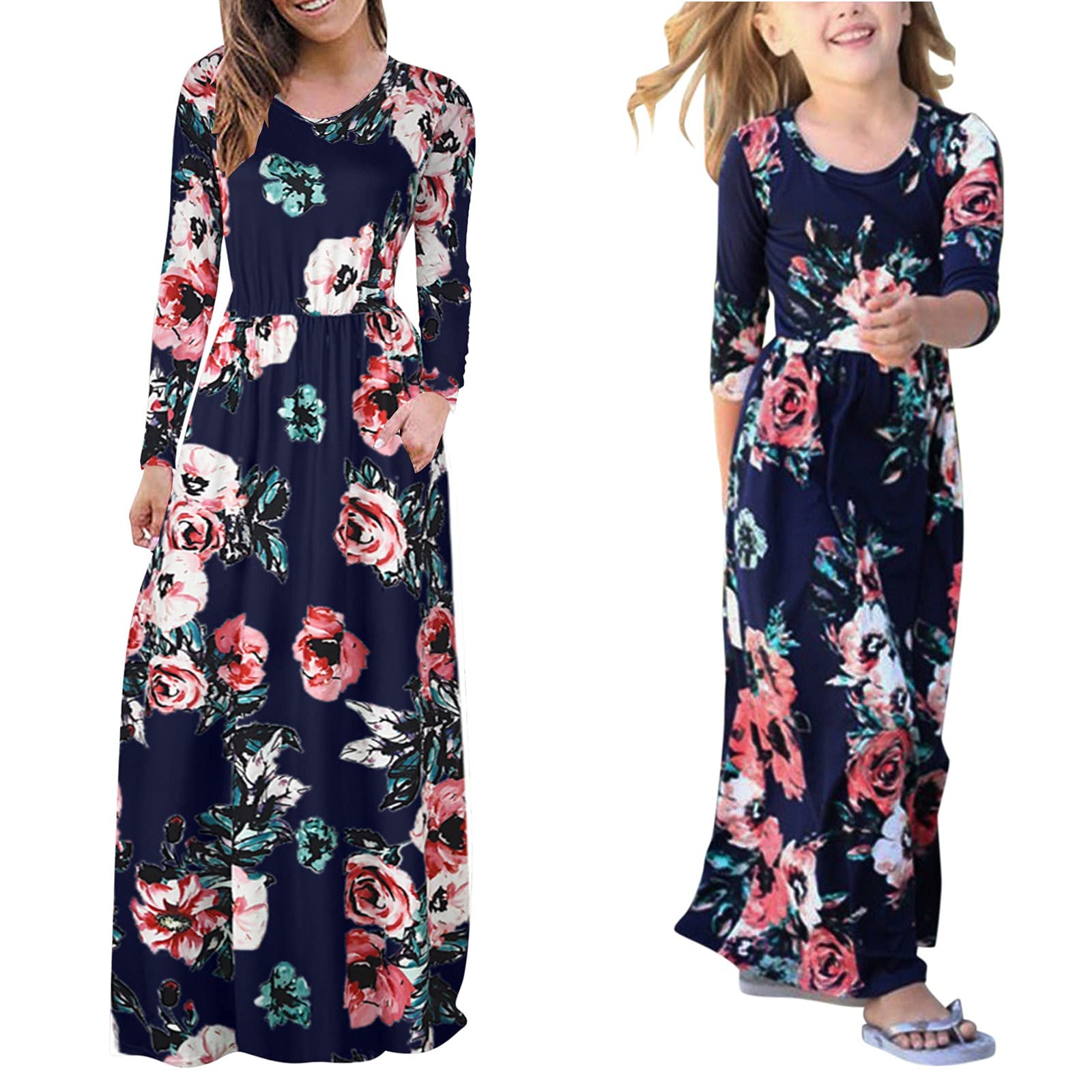Mommy and Me Matching Maxi Dresses - Long Sleeve Bohemian Floral Printed Mother Daughter Outfits with Pockets | Perfect for Family Photos, Special Occasions & Holiday Matching Outfits