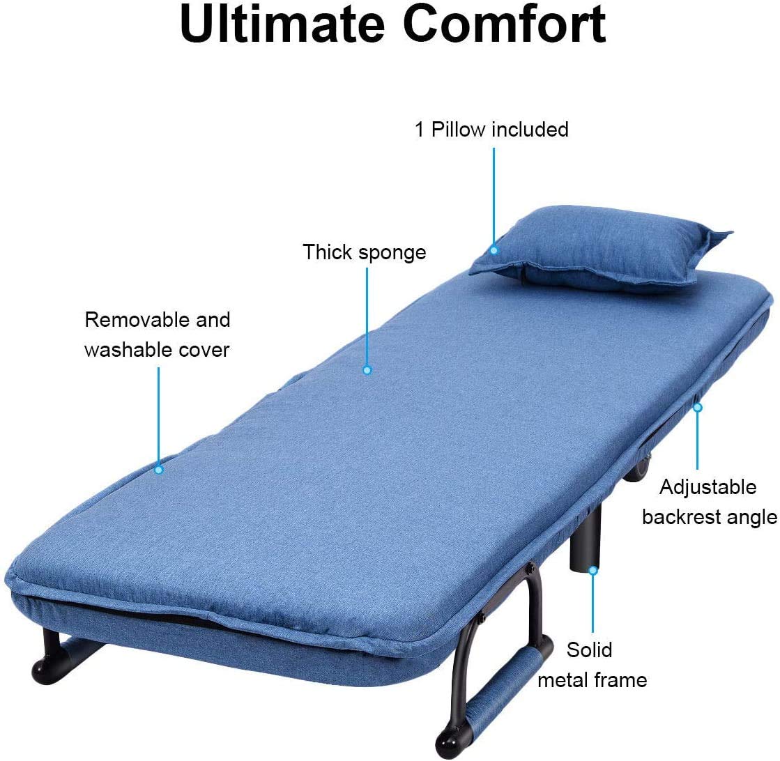 ReunionG Convertible Sleeper Sofa Chair Bed - 5-Position Adjustable Backrest with Pillow, Foldable Arm Lounge Couch for Living Room, Bedroom & Home Office | Perfect for Small Spaces, Guest Sleeping & Relaxing (Blue)