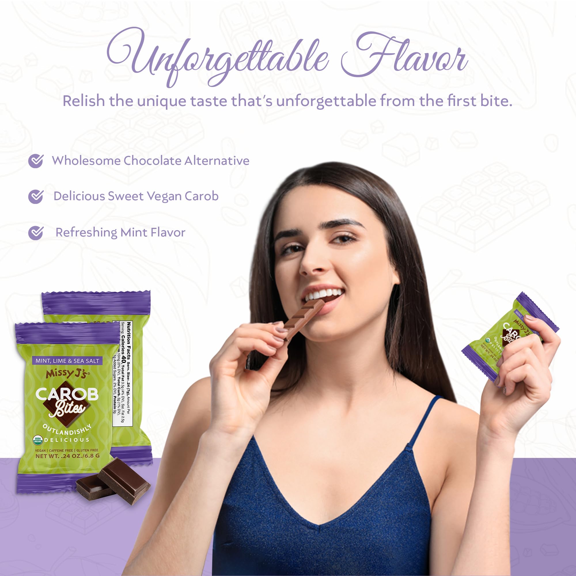 Missy J's Organic 24 Oz Minty Mint Carob Mini Bites 15 Pack | Vegan, Soy-Free, Gluten-Free Healthy Snacks | Perfect for Office Treats, School Lunches & Travel Snacking