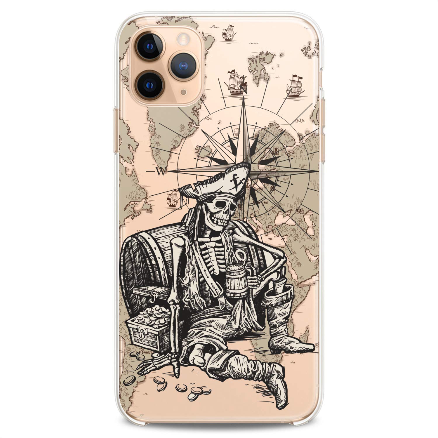 Premium TPU Phone Case for iPhone 16/15/14/13/12/11 Pro Max/Plus/Mini/XS/XR/X/8+/7/6/5/SE - Pirate Ghost Ocean Themed Clear Silicone Cover with Sea Map Print - Slim Flexible Protective Case for Travel & Adventure