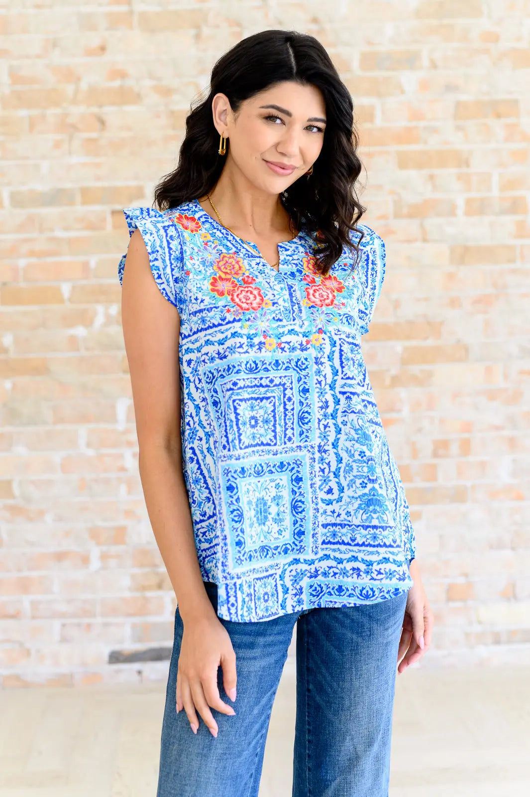 Keep Me Coming V Neck Top in Ivory Royal - Elegant Women's Casual Blouse for Work, Date Night & Everyday Wear