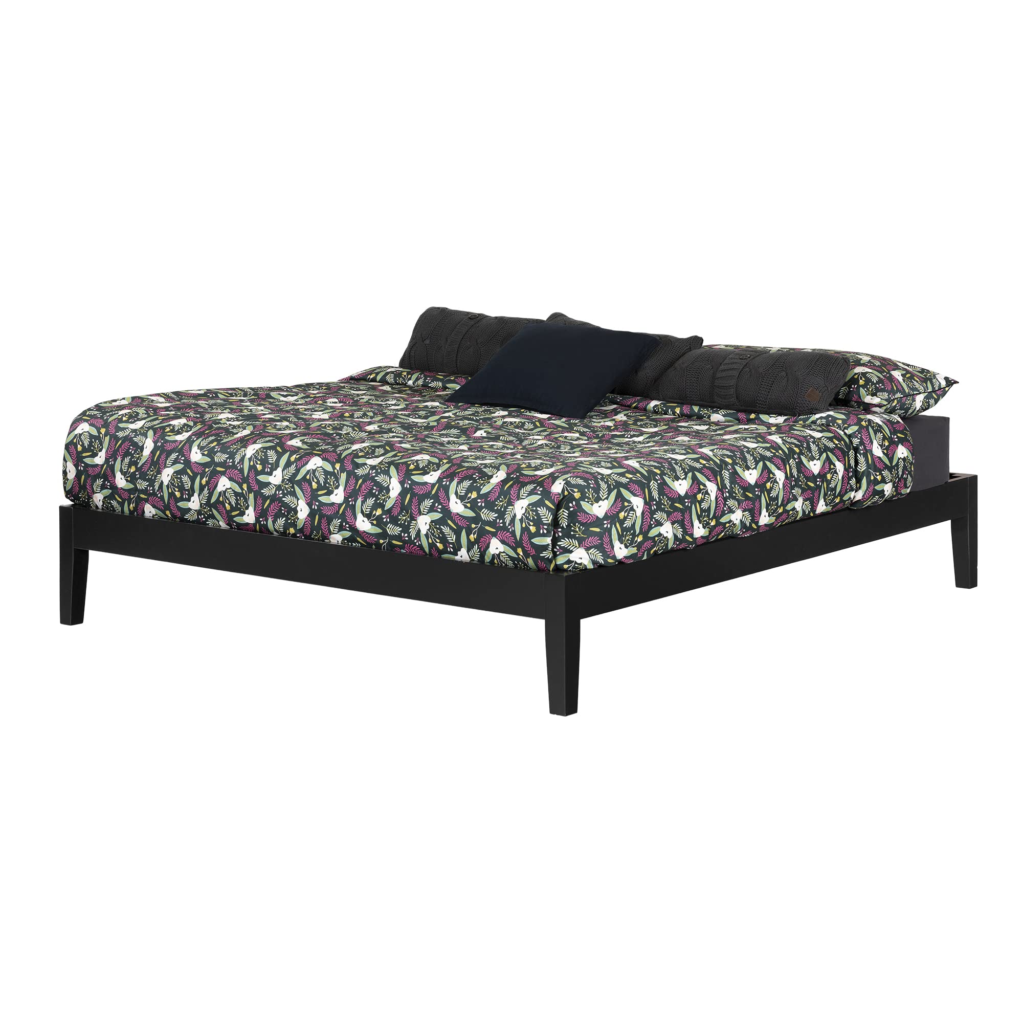South Shore Vito King Size Platform Bed Frame in Pure Black - Modern Minimalist Bedroom Furniture for Small Spaces & Apartments