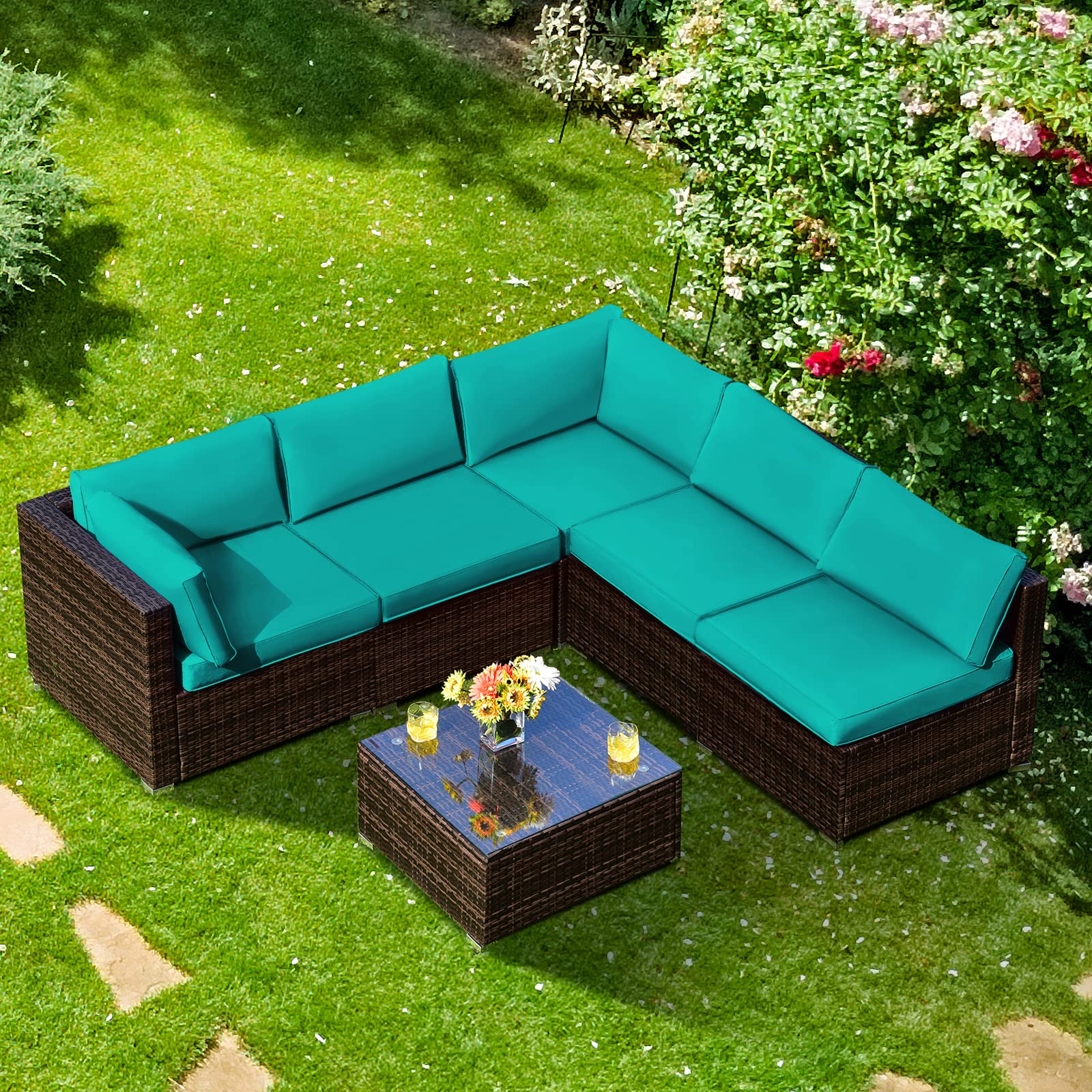 Tangkula 6-Piece Outdoor Patio Furniture Set - All-Weather Wicker Sofa with Cushions & Glass Coffee Table - Rattan Sectional Conversation Set for Backyard, Garden, Poolside & Deck (Beige)