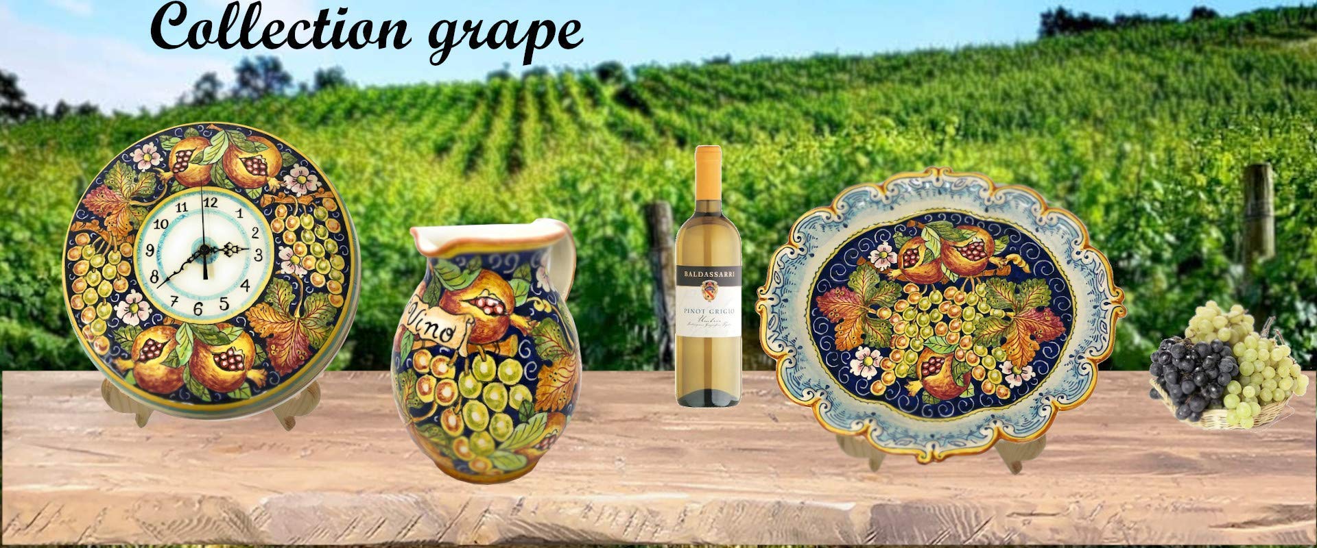 Hand-Painted Italian Pottery Utensil Holder & Wine Bottle - CERAMICHE D'ARTE PARRINI Tuscan Florence Decor with Red Grapes - Perfect for Kitchen Decor & Wine Storage