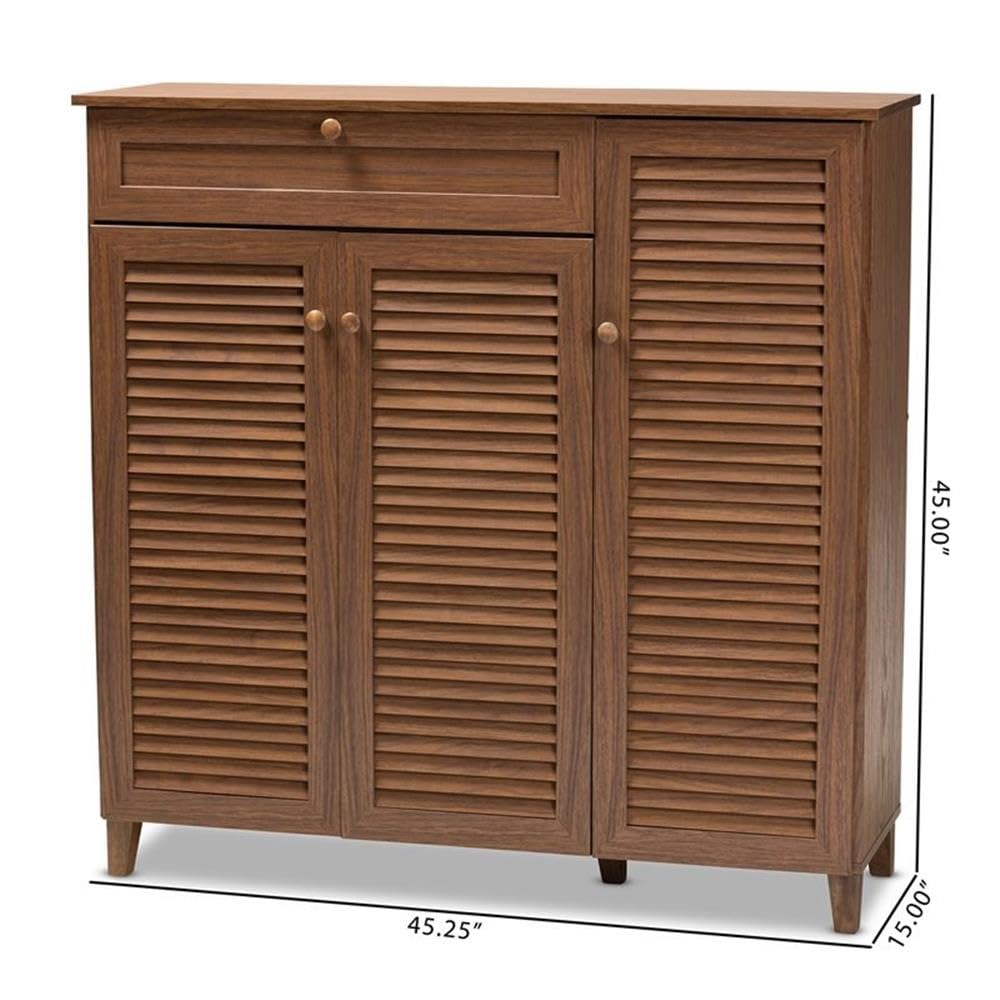 Baxton Studio Coolidge 11-Shelf Modern Shoe Storage Cabinet with Drawer - Walnut Finish Wooden Organizer for Entryway, Closet & Bedroom