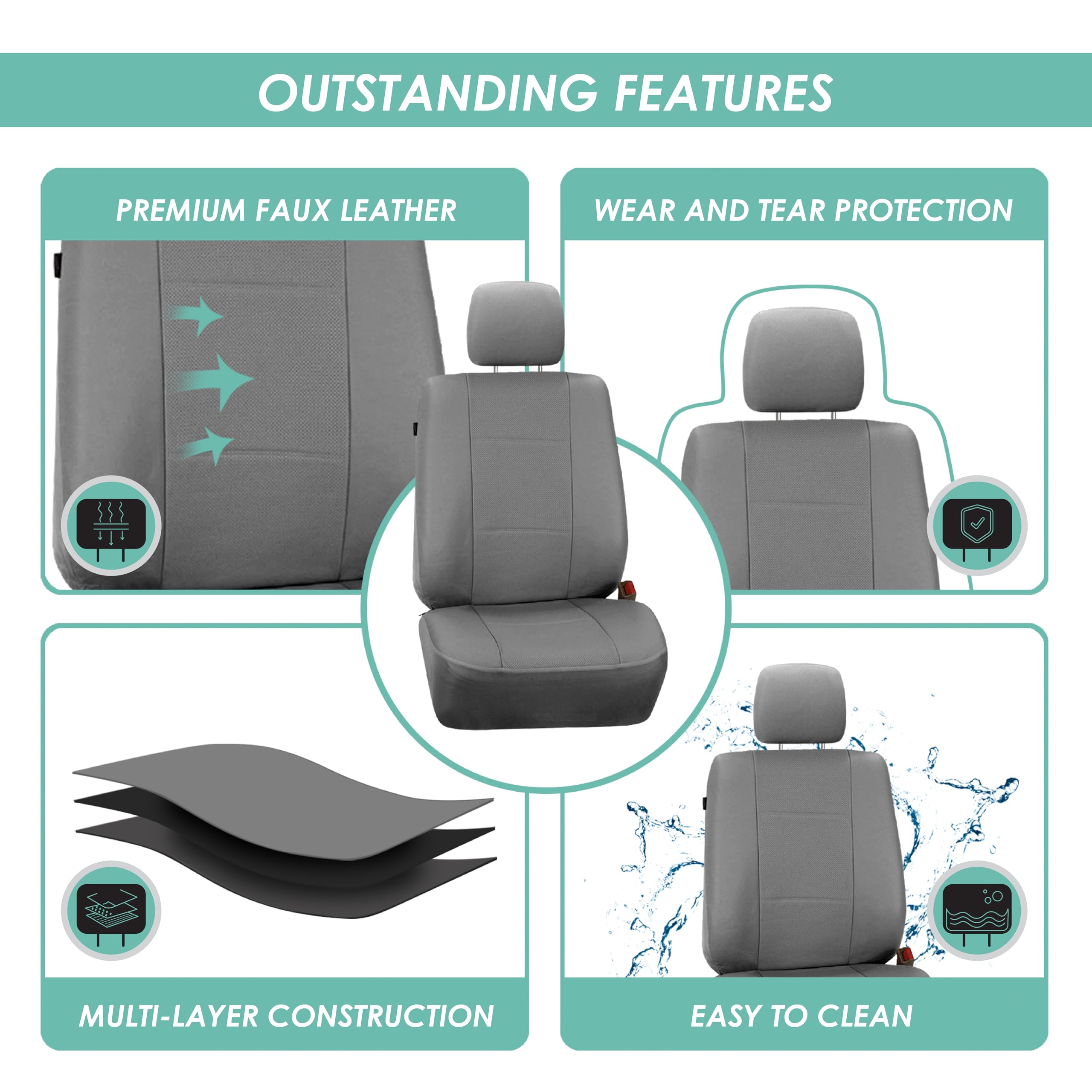 FH Group Full Set Faux Leather Car Seat Covers - Universal Fit for SUV & Sedan - Low Back Front & Split Bench Rear Seat Covers - Airbag Compatible - Gray - Perfect for Daily Commuting, Road Trips & Car Interior Protection