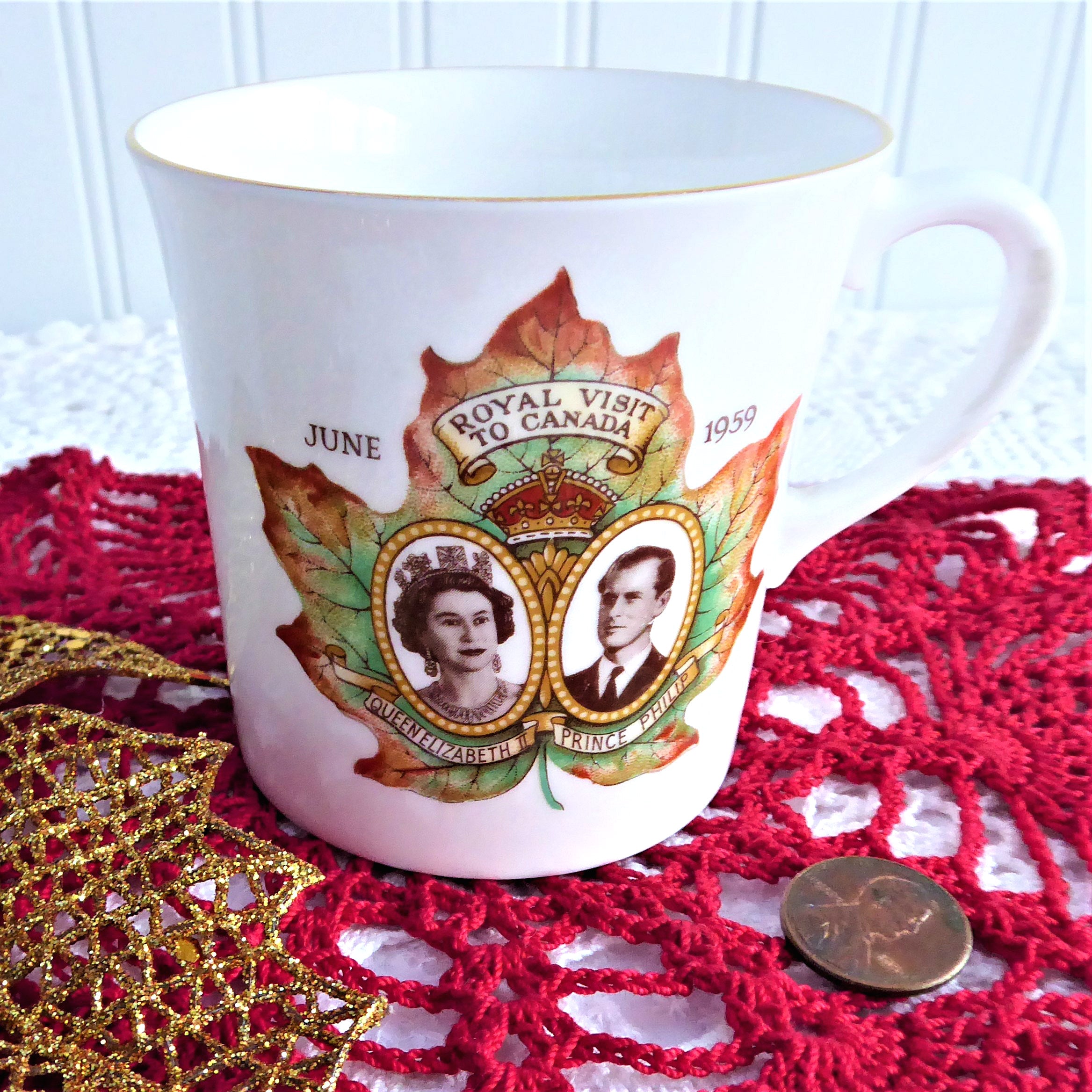 Queen Elizabeth II 1959 Canada Visit Commemorative Shelley Mug – Royal Souvenir & Collectible for Tea Lovers & British Monarchy Fans