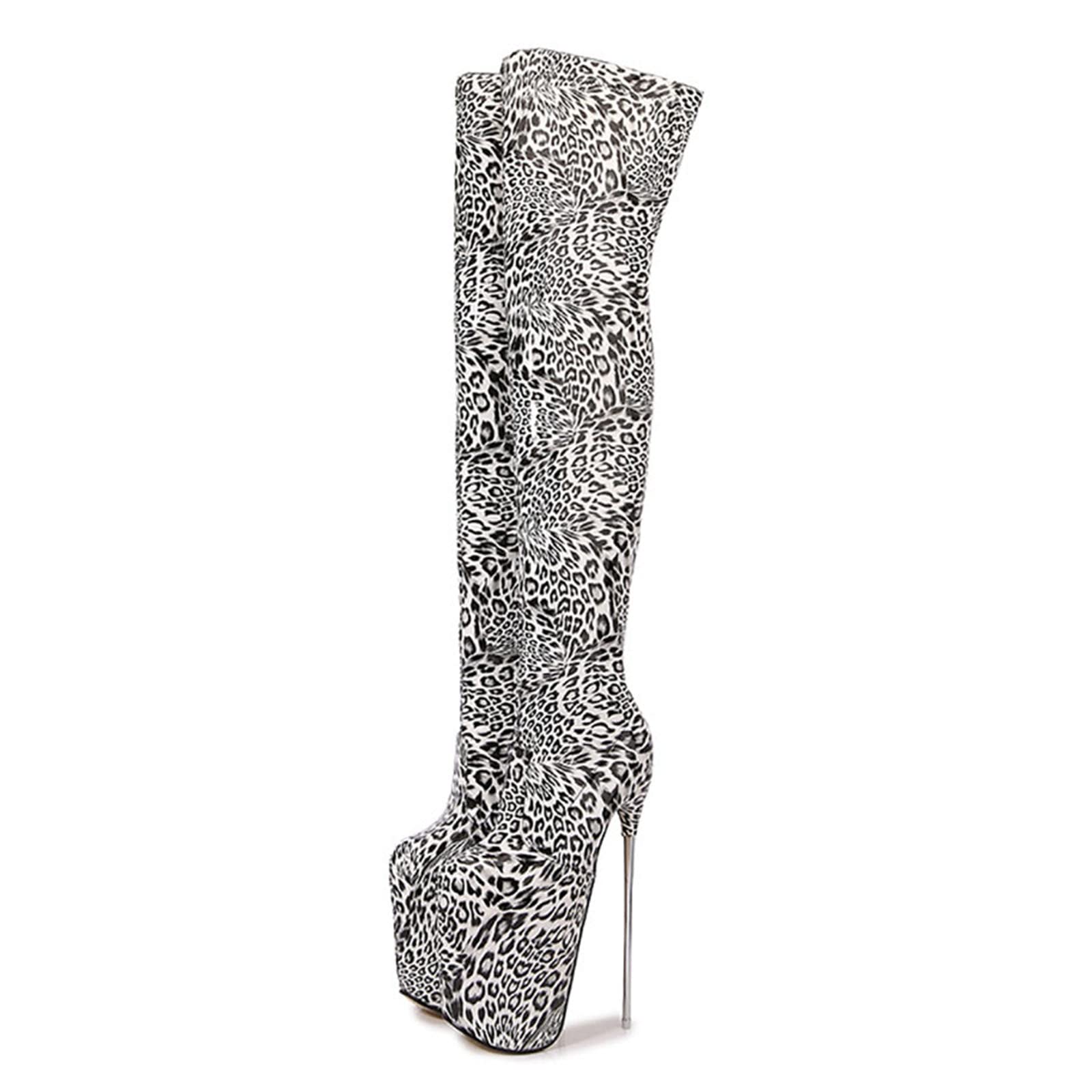 Vujkliy Women's Over The Knee Leopard Print High Heel Boots - 19cm Steel Heel, Sexy Zipper Tall Boots, Round Toe Pole Dance Shoes for Striptease Performance & Nightclub Wear - Plus Size Available