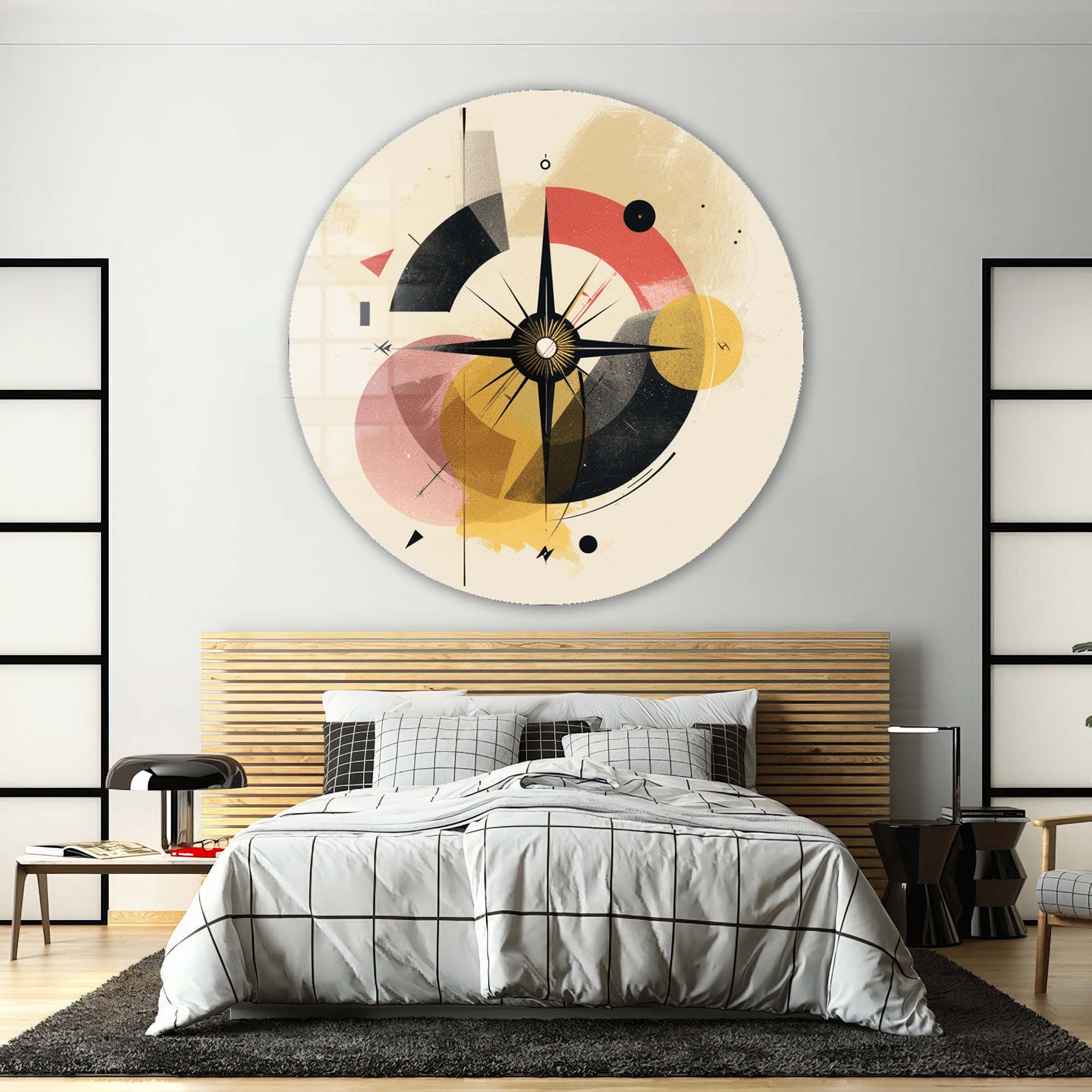 Abstract Compass Rounded Glass Wall Art - Modern Home Decor for Living Room, Bedroom & Office - Unique Geometric Design for Stylish Interior Spaces