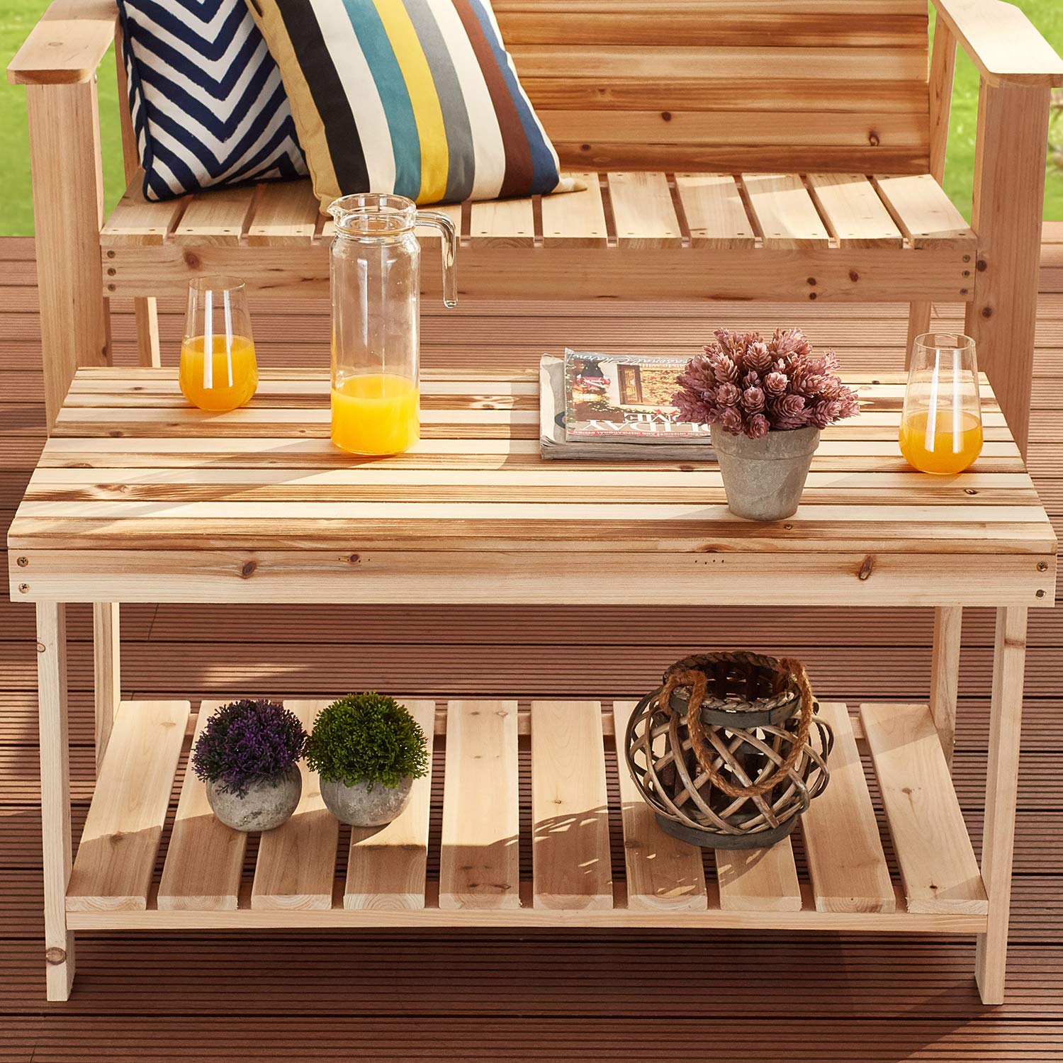Romayard 2-Piece Patio Conversation Set - Fir Wood Outdoor Loveseat with Coffee Table - Large Natural Wood Garden Furniture for Backyard, Deck, or Poolside Relaxation