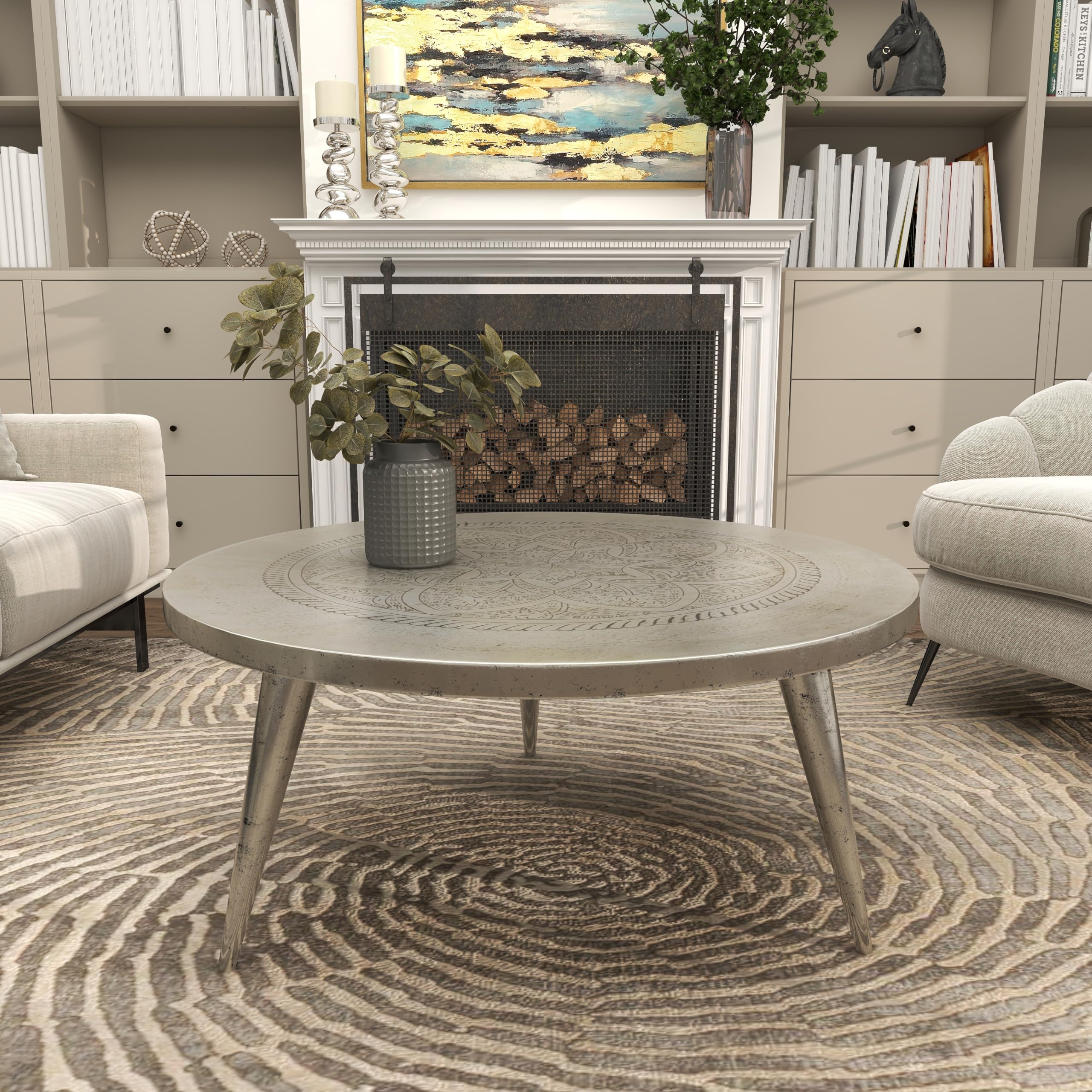 Deco 79 Silver Aluminum Metal Floral Engraved Coffee Table with Tripod Legs - 35