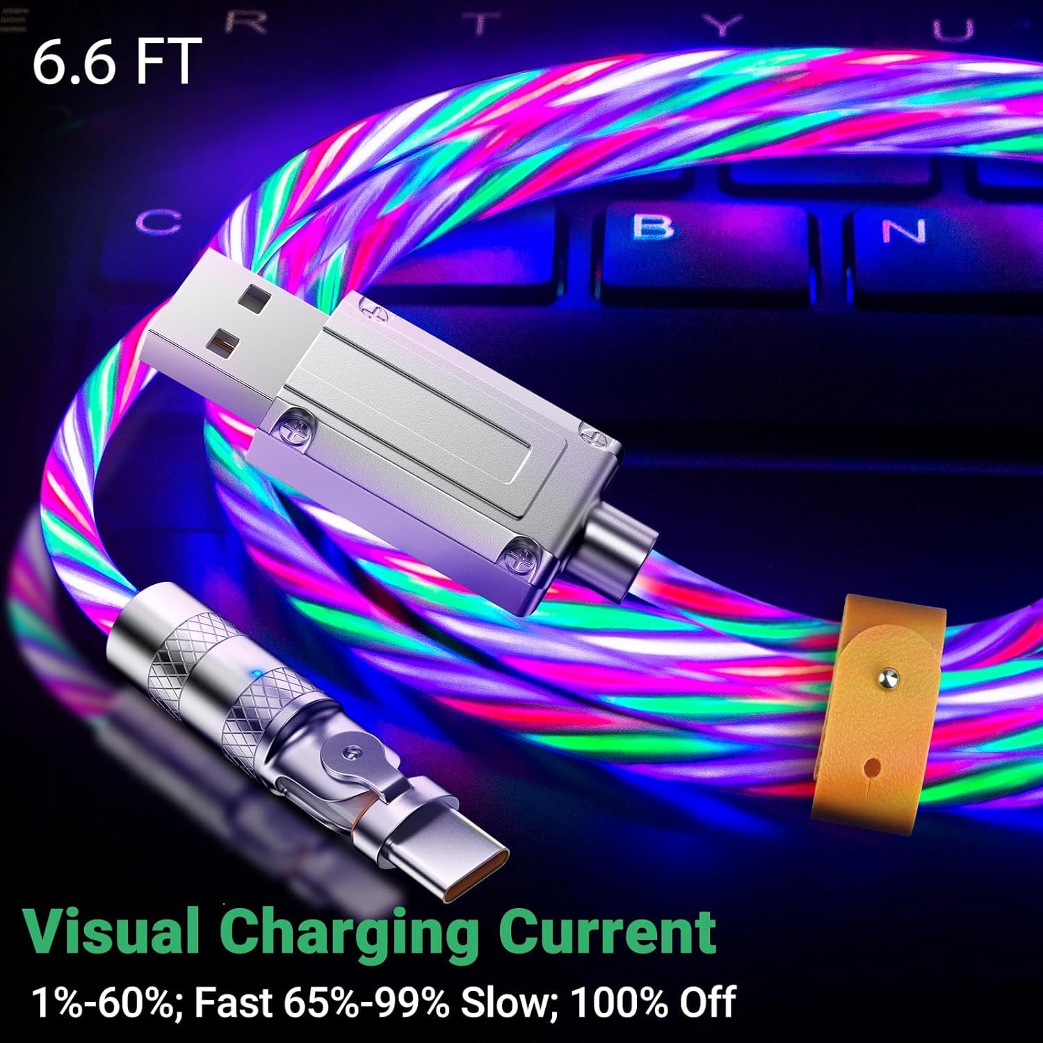 180° Rotating USB C Charger Cable 6.6FT/2M Fast Charging with LED Light - USB A to USB C Cable for Samsung Galaxy S24/S23/S22/Note 10/9, Huawei P9, Pixel 7/6, iPad, Switch, PS5 - Perfect for Gaming, Travel & Night Charging