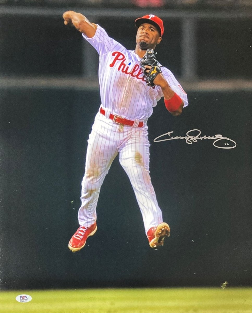 Jimmy Rollins Autographed 16x20 Philadelphia Phillies Fielding Action Photo with PSA Hologram - Perfect for Baseball Memorabilia Collectors and Phillies Fans Display