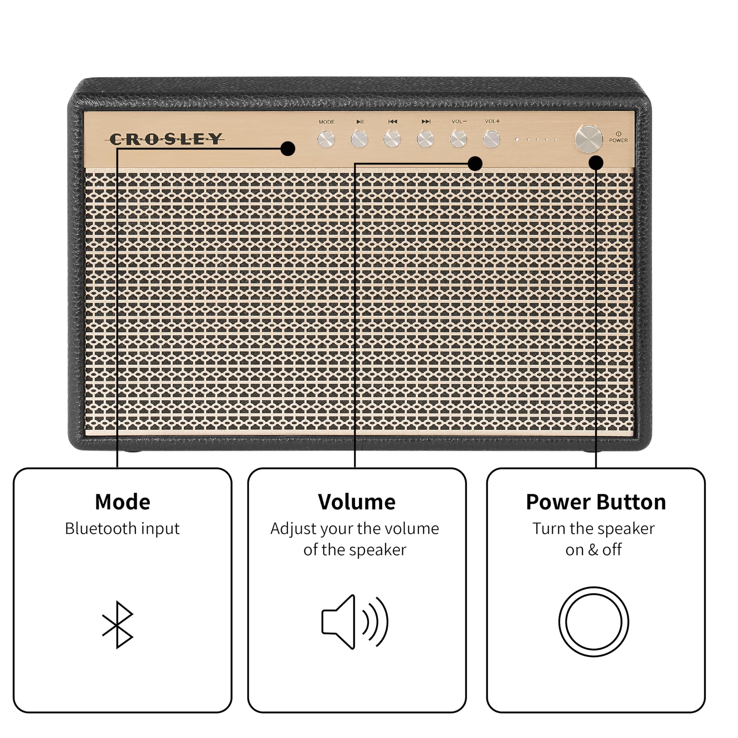 Crosley Montero Retro Bluetooth Speaker - Portable Wireless Speaker with Rechargeable Battery, 20W Powerful Sound for Home & Outdoor Use, 8-Hour Playtime, Built-in Mic, Aux Input & USB Phone Charger - Perfect for Parties, Travel & Backyard Gatherings (Black)