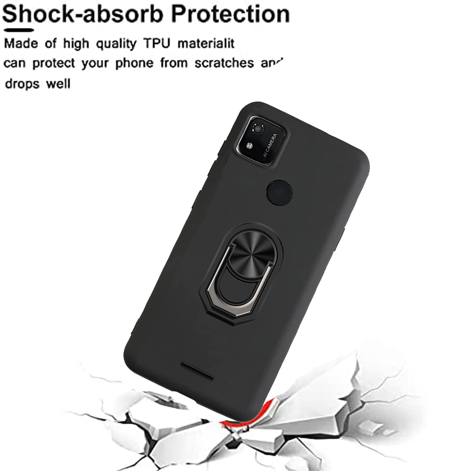Shockproof Magnetic Phone Case for Sense TW102 - 360° Ring Stand, Soft TPU Rubber Cover with Kickstand & Car Mount | Perfect for Work, Travel & Daily Protection (Black)