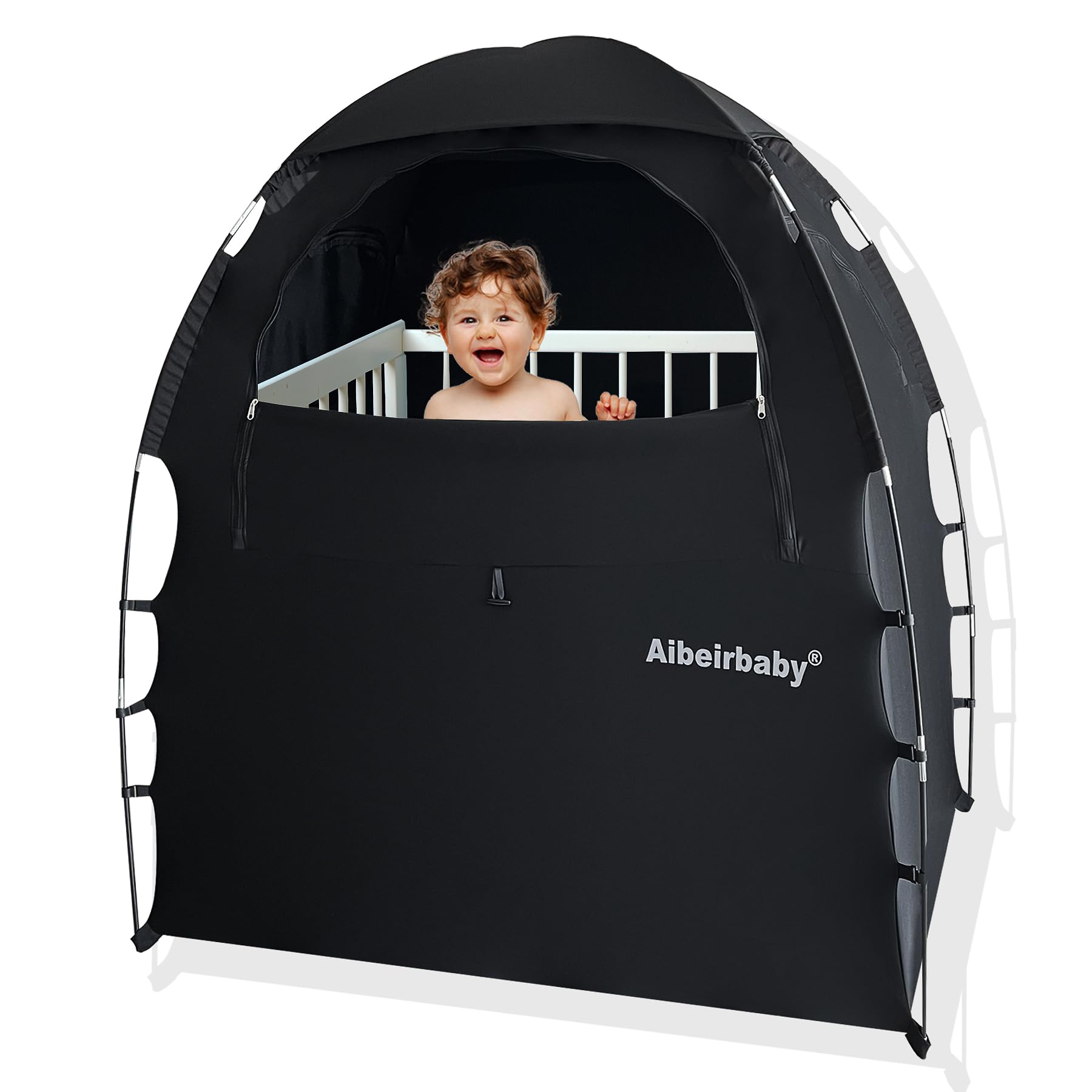 **Aibeirbaby Baby Pack and Play with Blackout Canopy - Portable Crib Cover Tent for Toddlers (4+ Months), Includes Fan & Monitor Pouch - Mosquito Net, Travel Sleep Pod for Home, Outdoors & Nursery (Black)**
