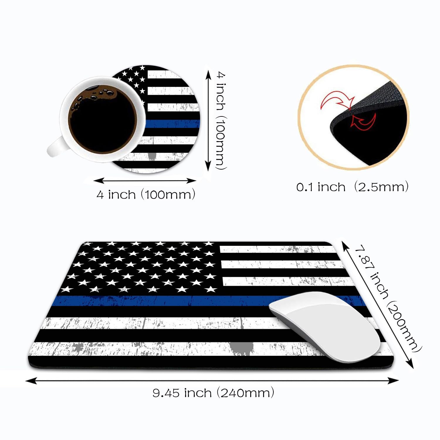 Thin Blue Line American Flag Mouse Pad & Coasters Set - Non-Slip Rubber Base Rectangle Mouse Pad for Laptop, Computer & Office Use - Perfect for Police Supporters, Patriotic Gifts & Home Office Accessories
