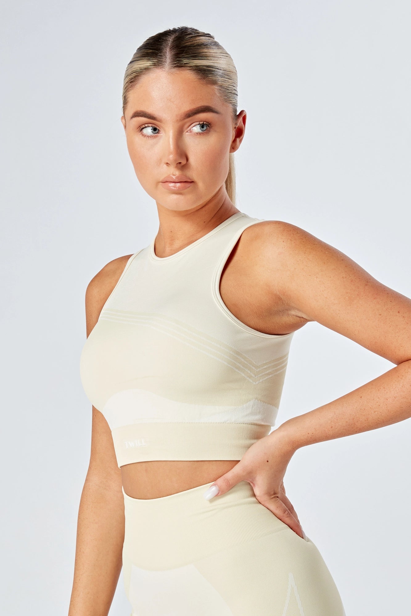 Eco-Friendly Twill Active Color Block Racerback Crop Top - Stone | Workout, Yoga & Gym Wear for Women