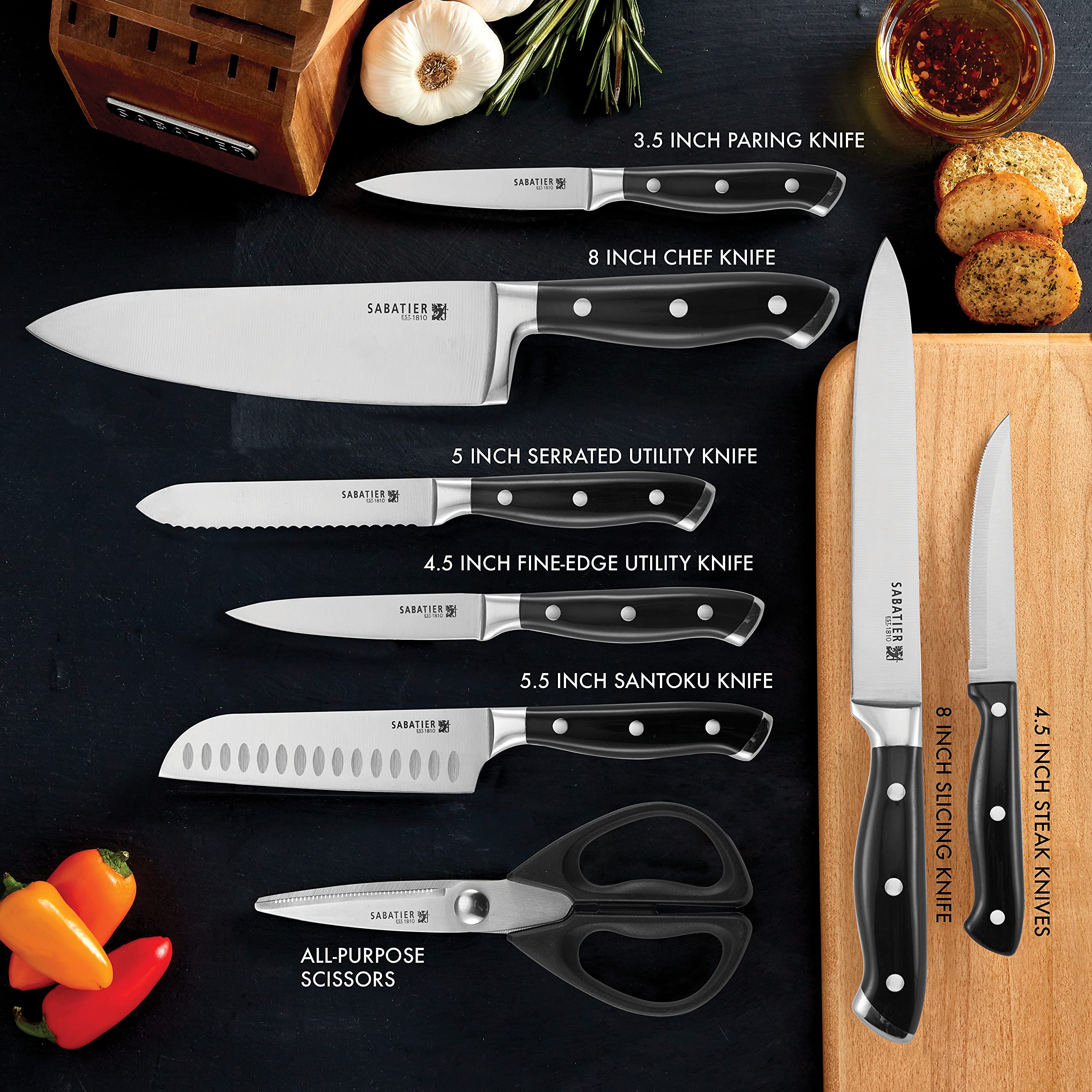 Sabatier 15-Piece Forged Knife Block Set - High-Carbon Stainless Steel Kitchen Knives with Triple Rivet Black Handles & Acacia Wood Block - Razor Sharp for Professional Chefs & Home Cooking