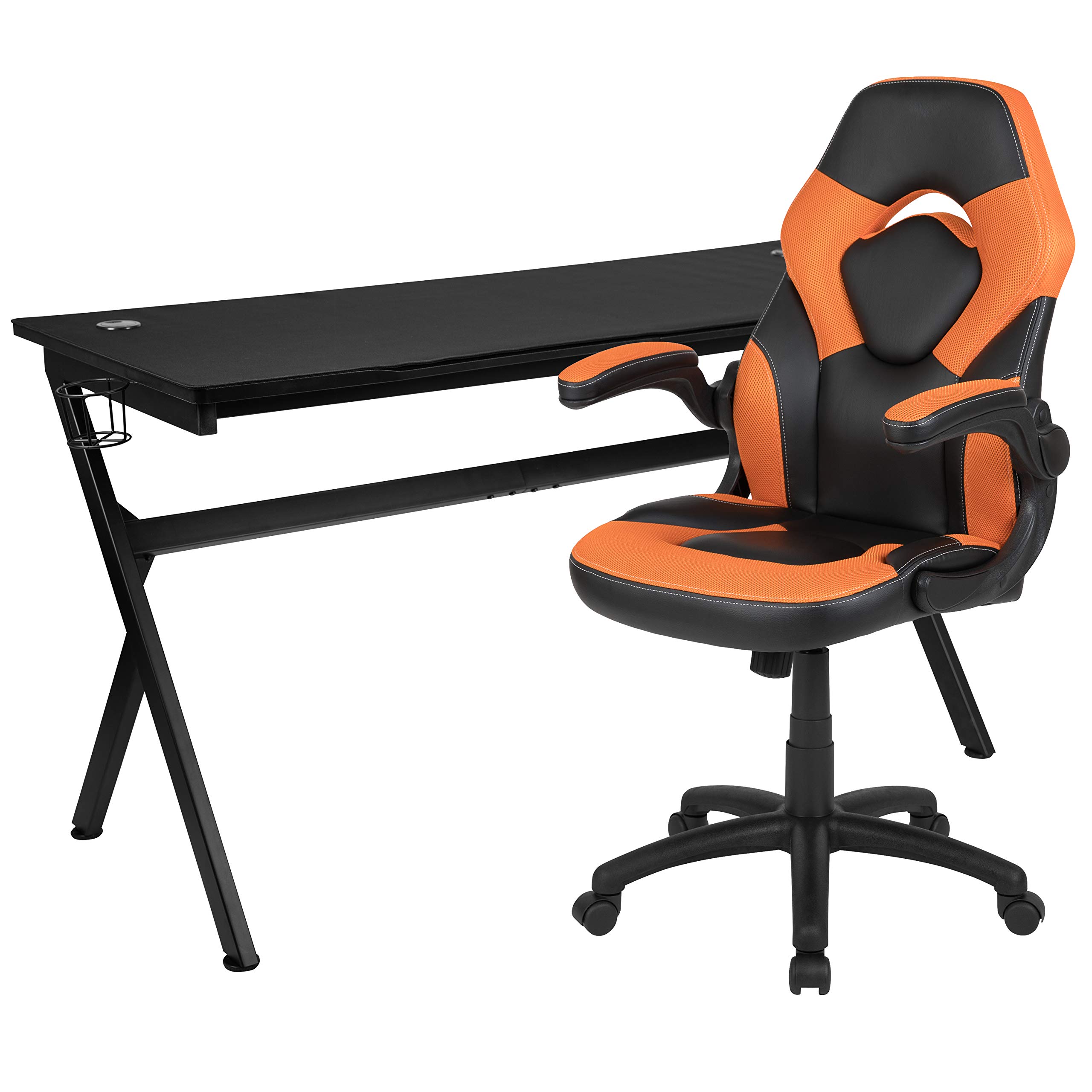 Flash Furniture Gaming Desk & Orange/Black Racing Chair Set with Cup Holder, Headphone Hook & Removable Mouse Pad - 2 Cable Management Holes for PC Gaming Setup, Home Office & Esports Tournaments