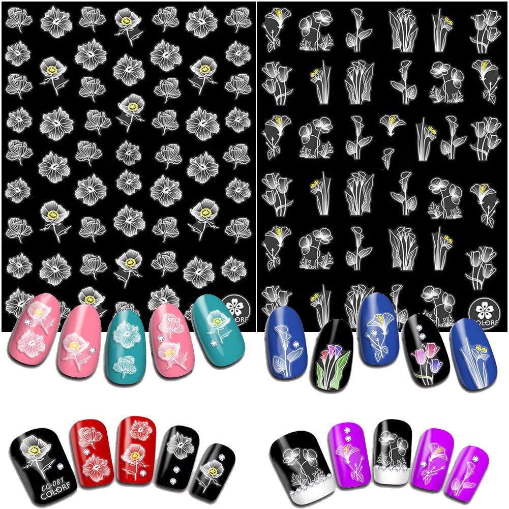 9 Sheets Floral Nail Art Stickers - White Flower Nail Decals, 3D Self-Adhesive Butterfly, Tulip & Cherry Blossom Designs for DIY Acrylic Nails | Perfect for Spring Nail Art, Bridal Manicures & Salon Decorations