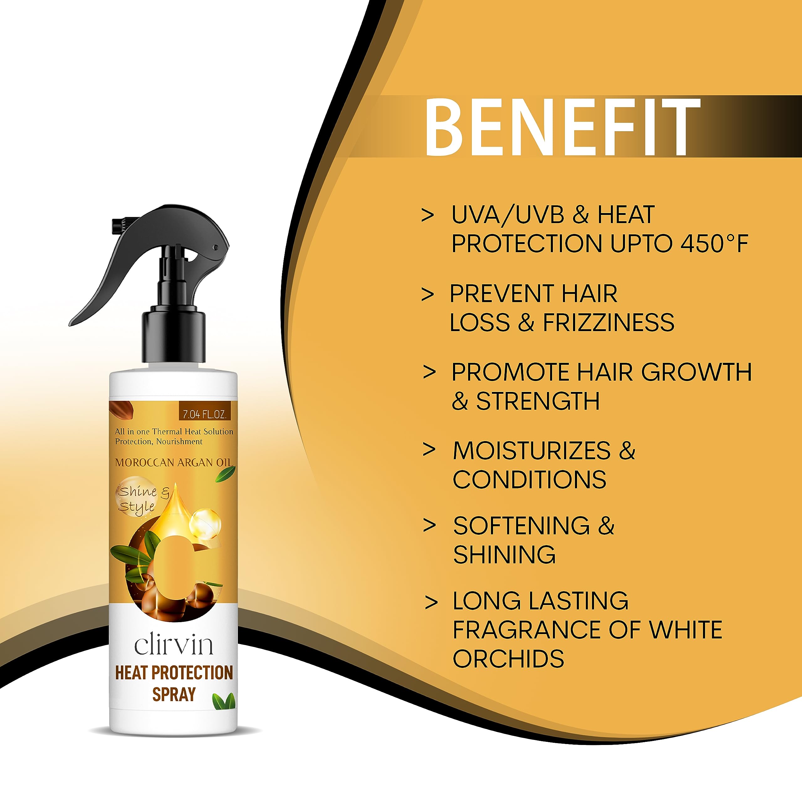 Clirvin Argan Oil Heat Protection Spray for Hair - Sulfate & Paraben Free (200ml) - Safe for Men & Women - Perfect for Blow Drying, Straightening & Styling