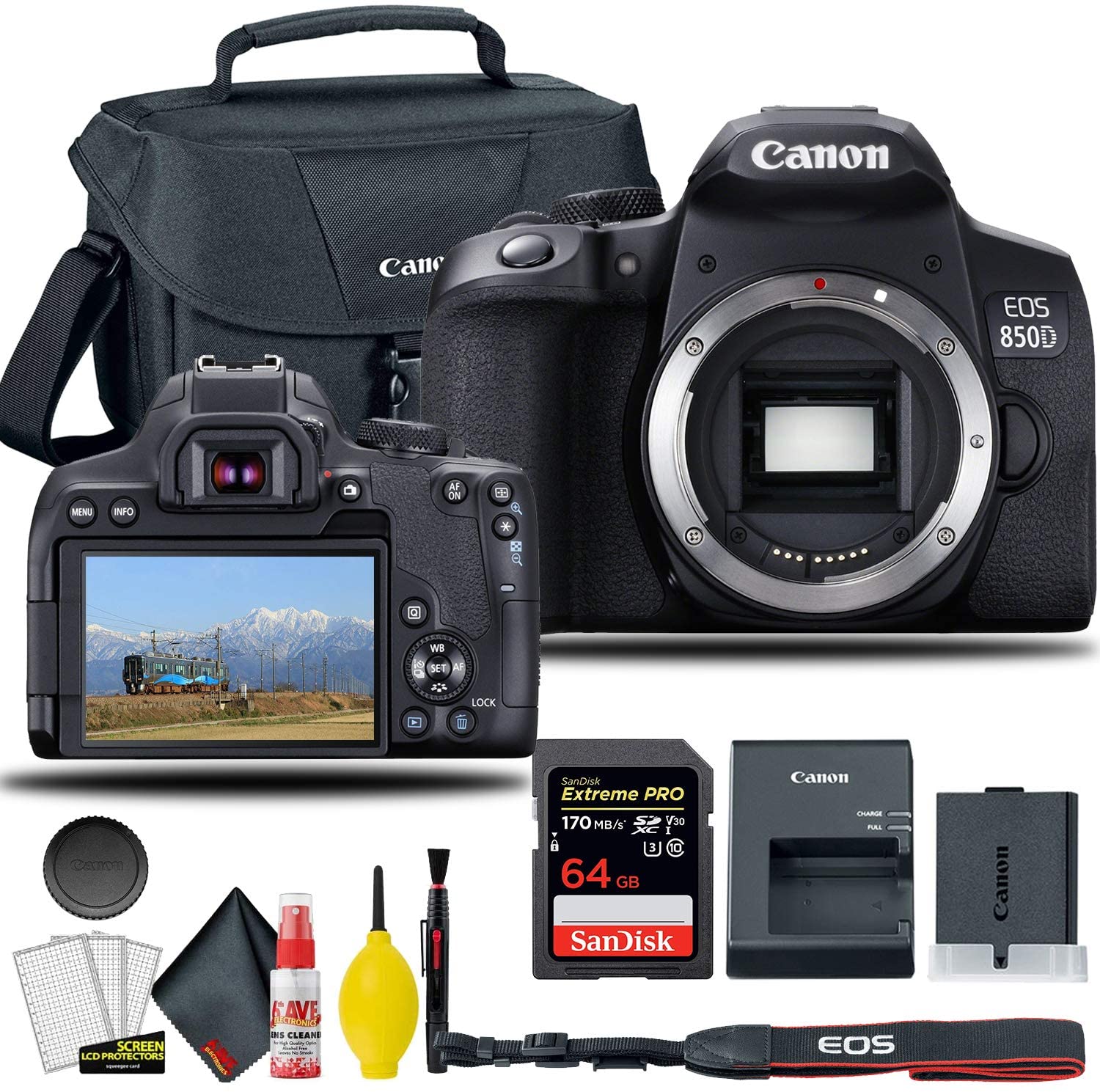 Canon EOS Rebel T8i/850D DSLR Camera Body Only with Camera Bag, SanDisk Extreme Pro 64GB SD Card & Cleaning Kit - Perfect for Travel Photography, Vlogging & Professional Shoots