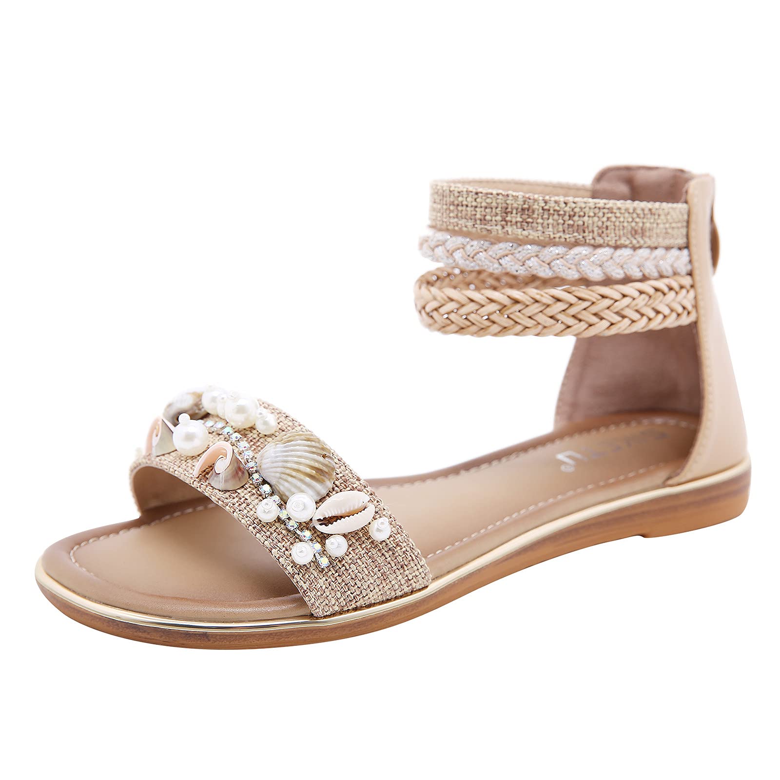 Women's Beaded Loafers - Ethnic Retro Wind Beach Sandals with Shell Decor | Flat Comfortable Slide Sandals for Casual Wear, Summer Outfits & Beach Vacations