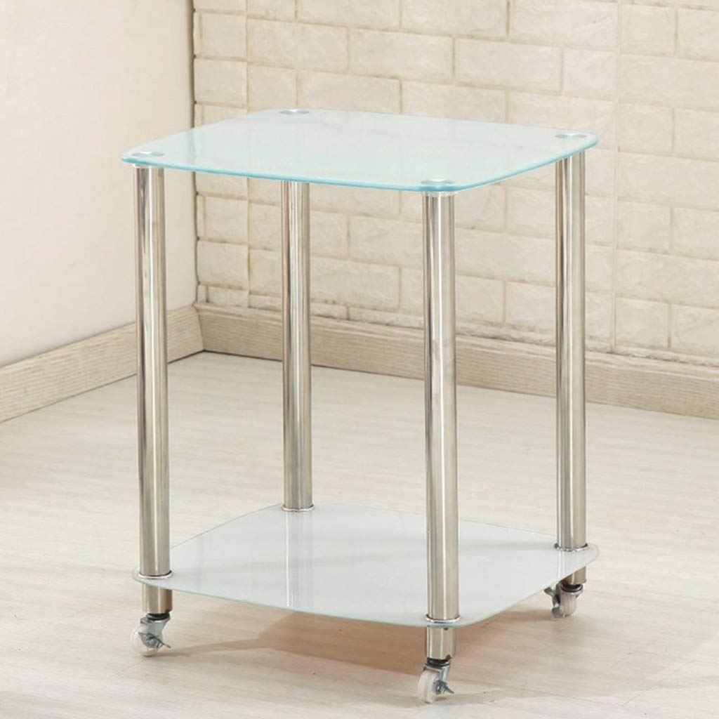 2-Tier Stainless Steel Rolling Cart with Tempered Glass - Square Serving Trolley for Drinks, Food & Storage - Mobile Utility Cart for Kitchen, Bar, Restaurant & Home Use