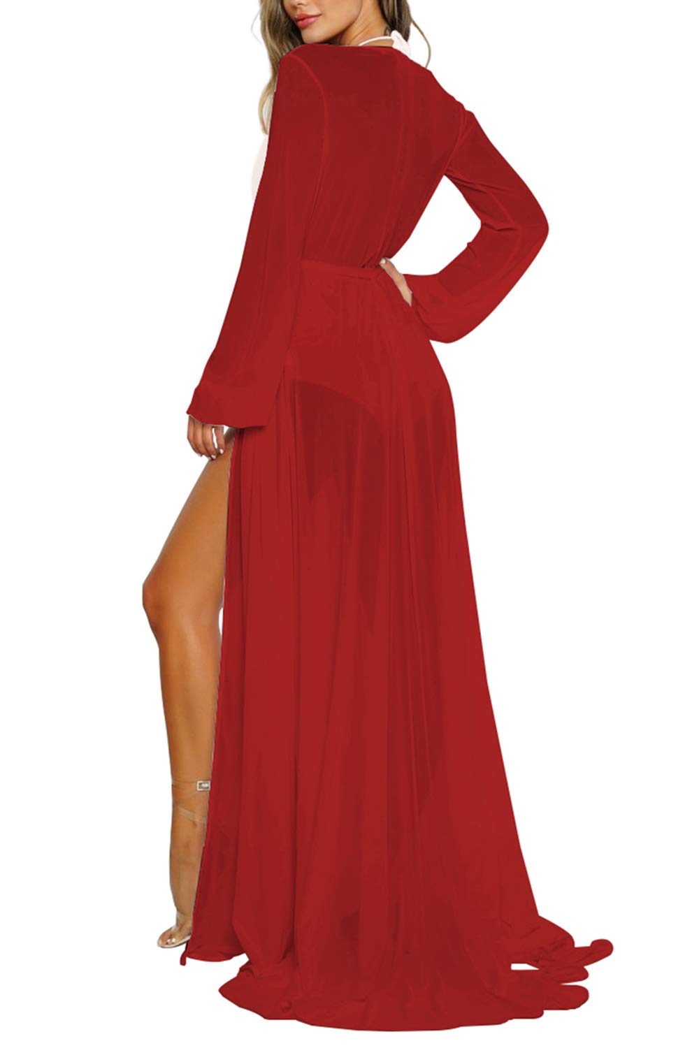 Pink Queen Women's Long Sleeve Flowy Maxi Swimsuit Cover Up Tie Front Beach Robe - Perfect for Poolside, Beach Vacation & Resort Wear