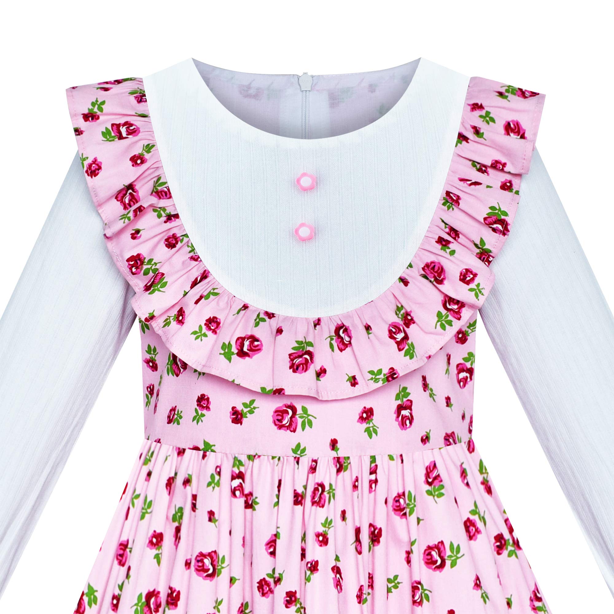 Sunny Fashion Girls' Pink Floral Long Sleeve Cotton Casual Dress - Size 4-8 | Perfect for School, Parties & Everyday Wear