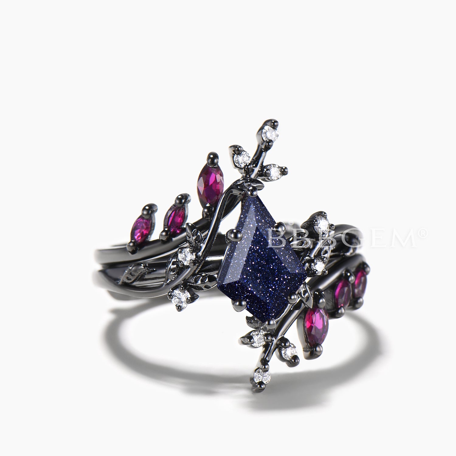 Twig Bridal Set - Kite Cut Blue Sandstone Leaf Engagement Ring with Ruby Wedding Band for Women | Nature-Inspired Wedding Jewelry for Engagement, Proposal & Anniversary Gifts