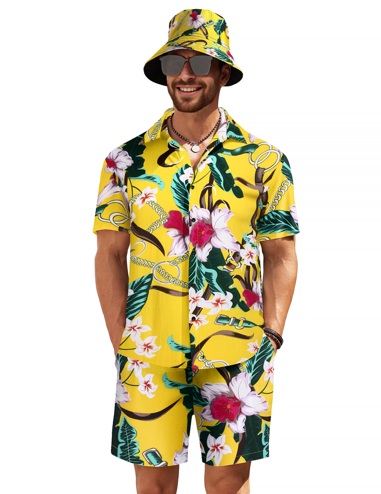 COOFANDY Men's Hawaiian Shirt and Shorts Set - Tropical Floral Print 2-Piece Beach Outfit with Bucket Hat | Summer Vacation, Pool Party & Casual Wear